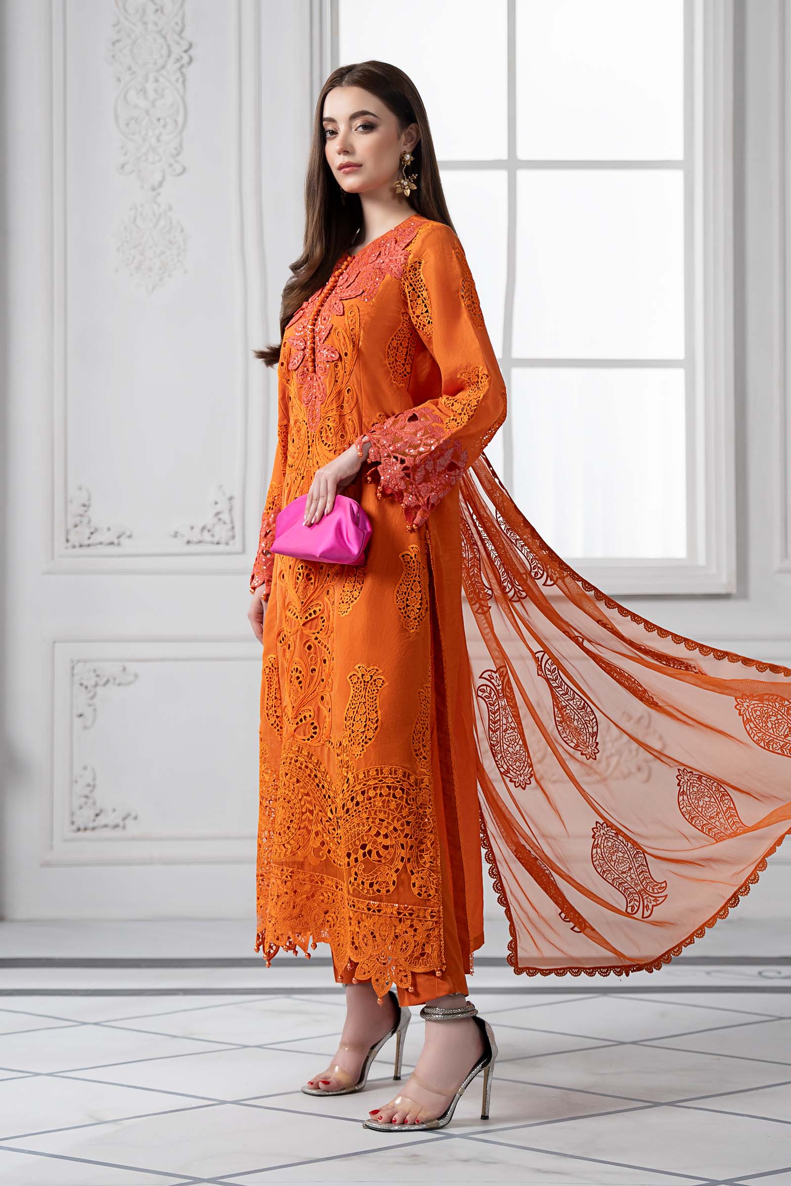 Orange Embroidered Paper Cotton 3-Piece Suit - Image 7