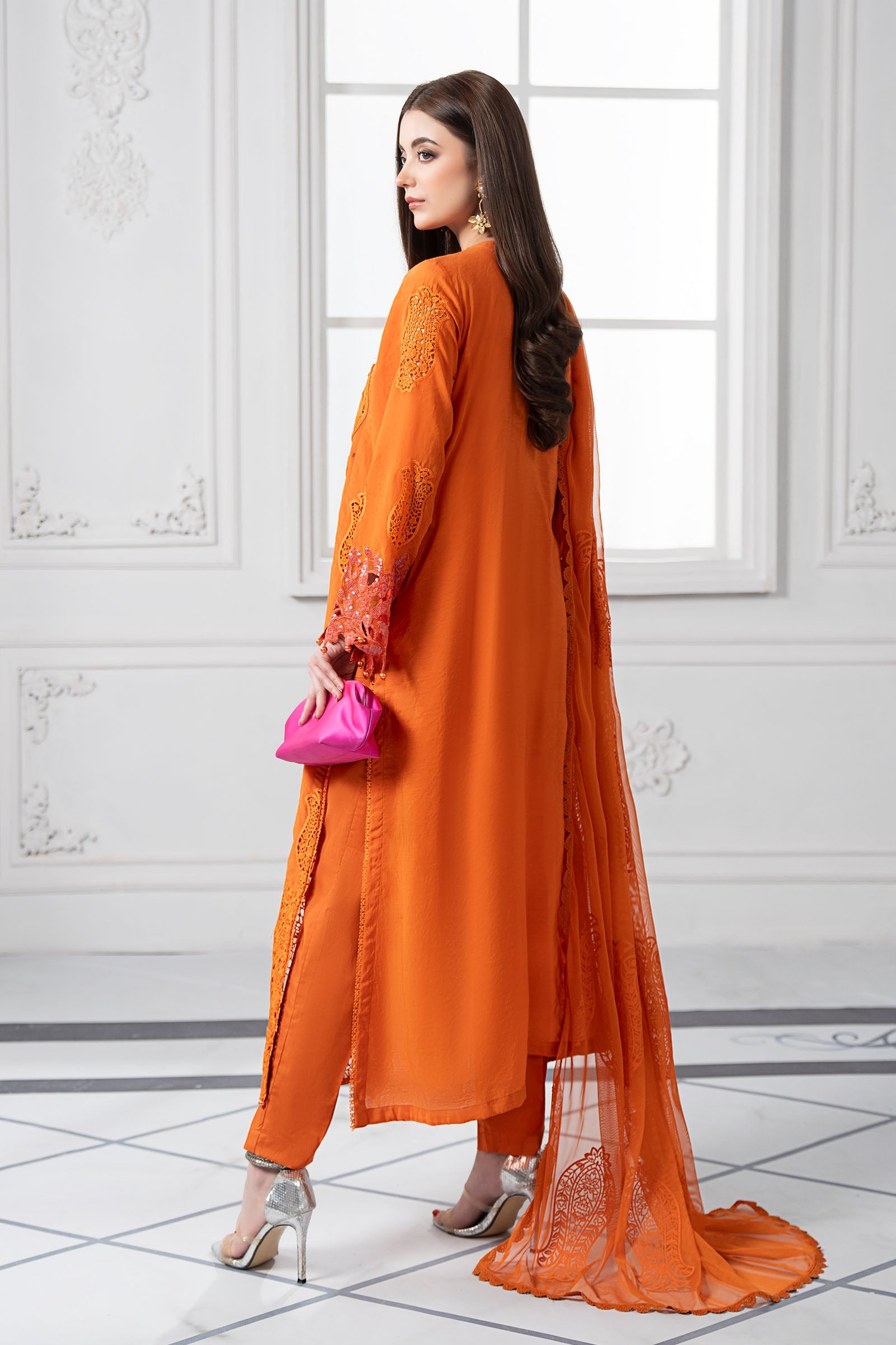 Orange Embroidered Paper Cotton 3-Piece Suit - Image 8
