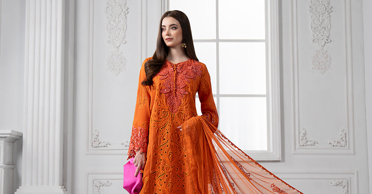 Orange Embroidered Paper Cotton 3-Piece Suit - Image 9