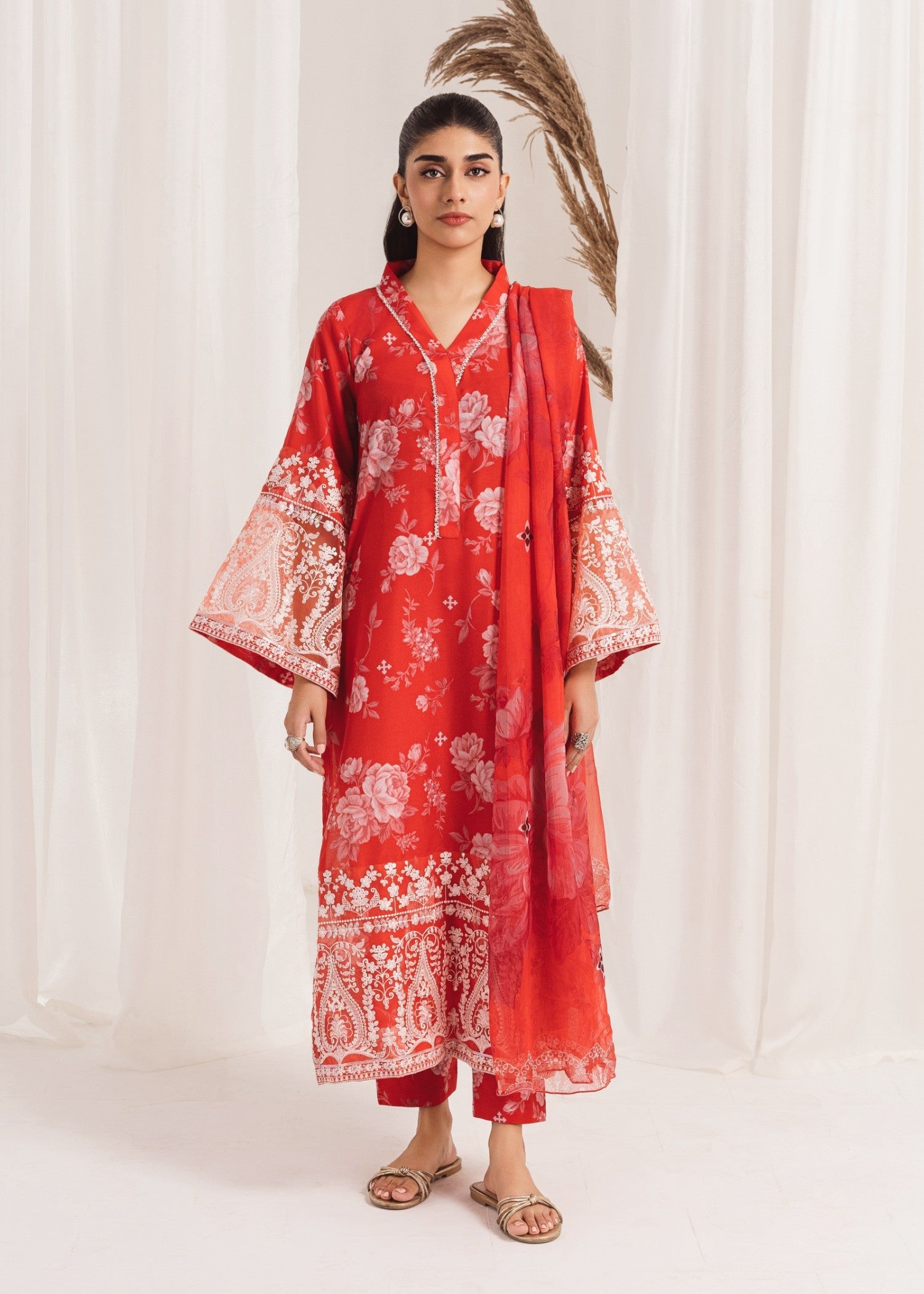 Orange Printed Poly Lawn Salwar Kameez (2-Piece) - Image 1