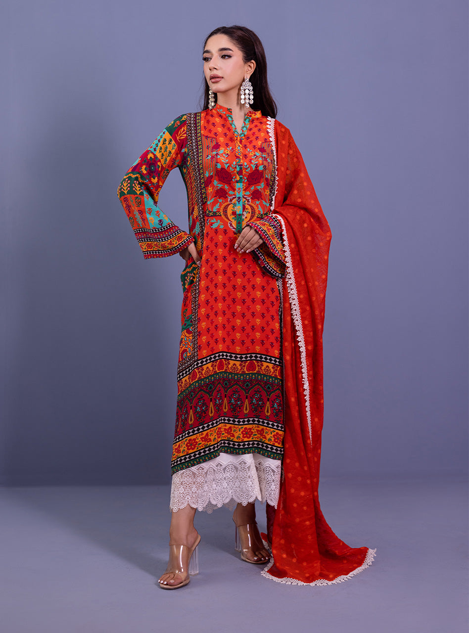 Orange Digital Print Pure Silk Salwar Kameez (3-Piece) - Image 6