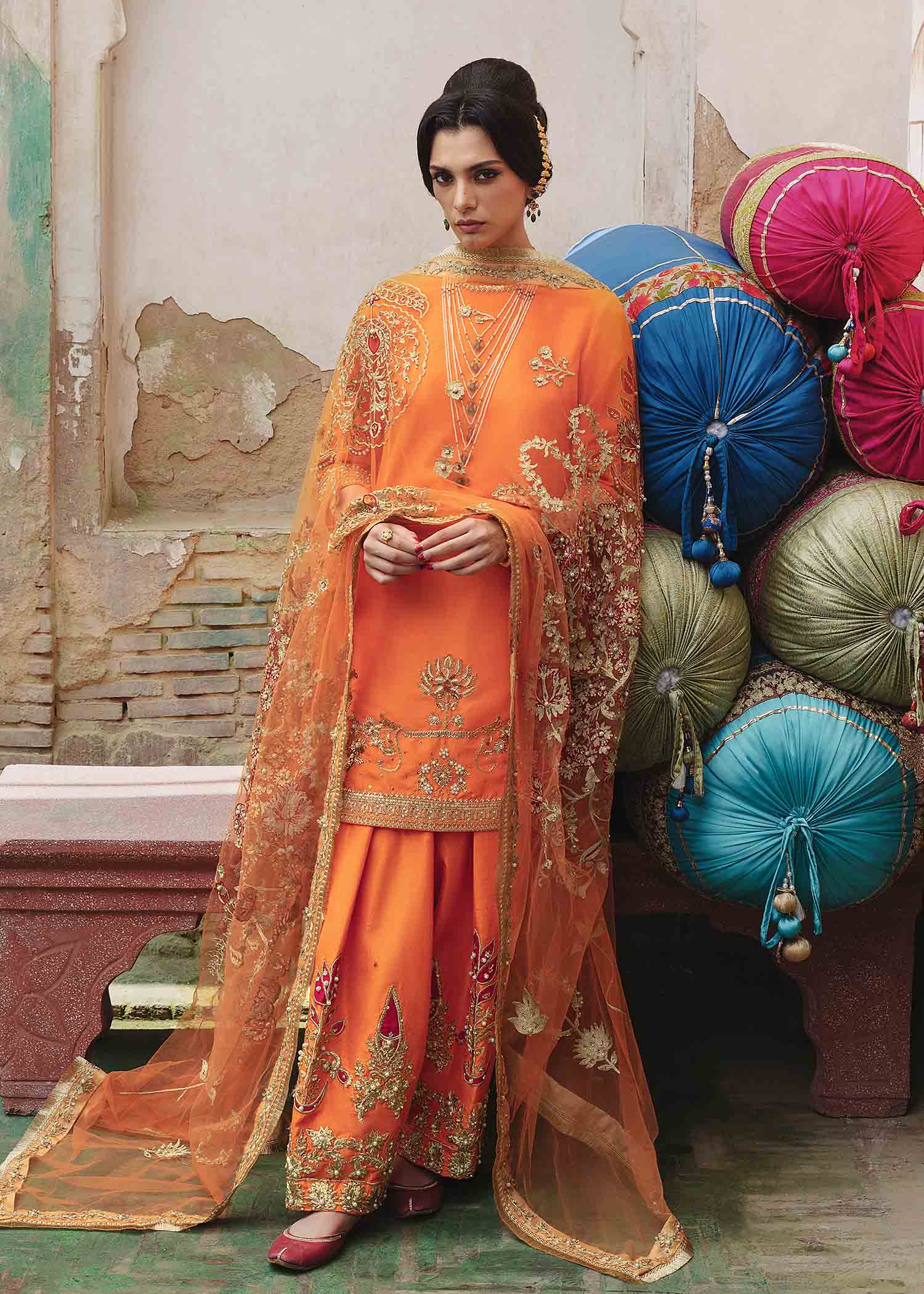 Tangerine Embroidered Raw Silk Salwar Kameez (3-Piece) - Image 1