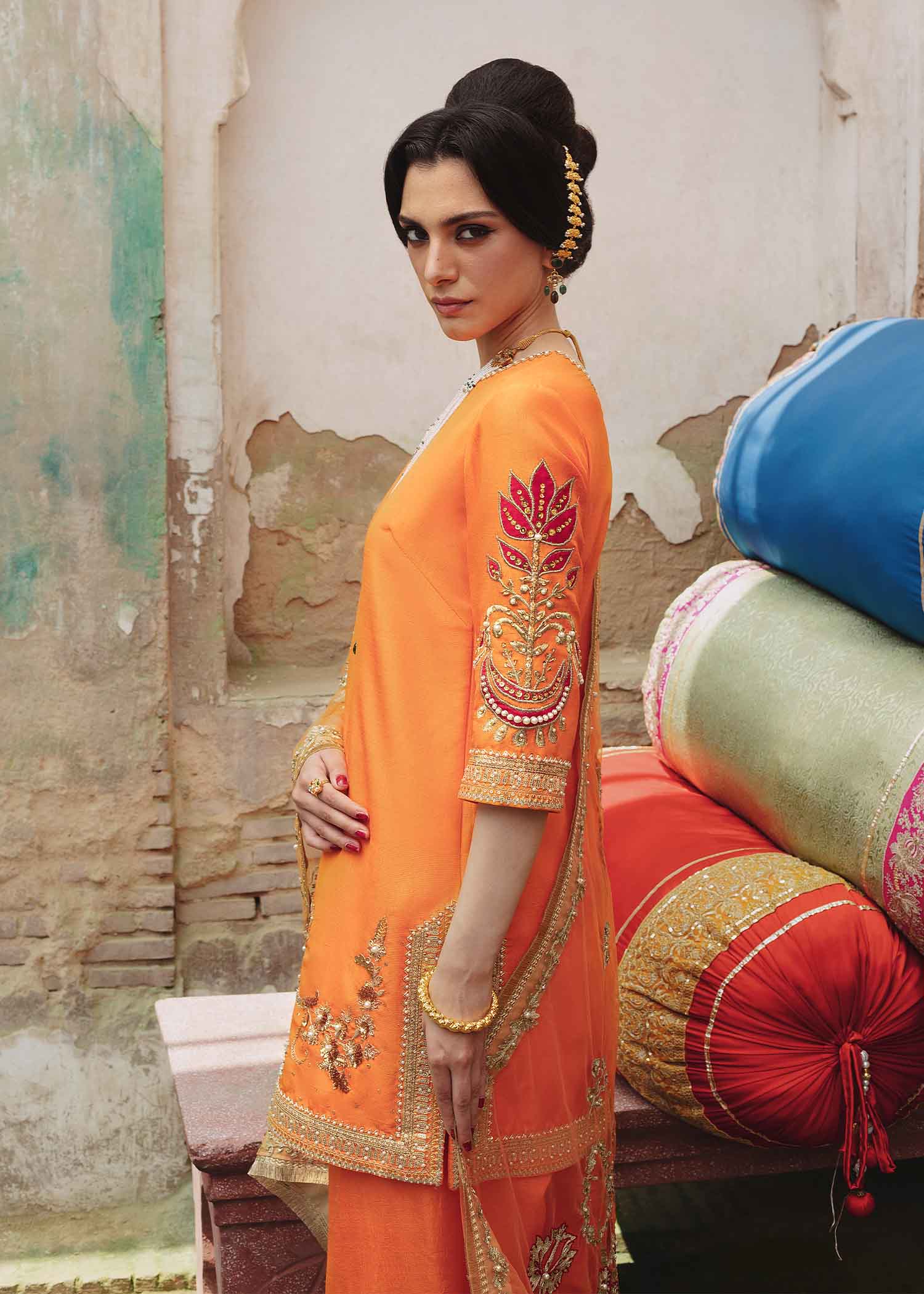 Tangerine Embroidered Raw Silk Salwar Kameez (3-Piece) - Image 4