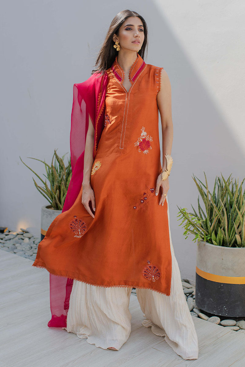 Pakistani Tangerine Embroidered Pure Raw Silk Salwar Kameez (3-Piece) - Image 1