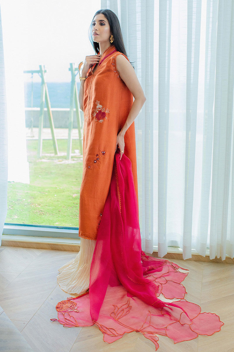 Pakistani Tangerine Embroidered Pure Raw Silk Salwar Kameez (3-Piece) - Image 10