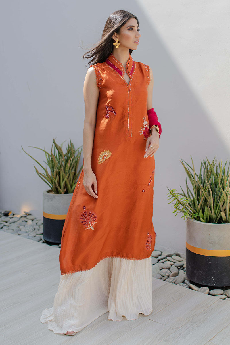 Pakistani Tangerine Embroidered Pure Raw Silk Salwar Kameez (3-Piece) - Image 2