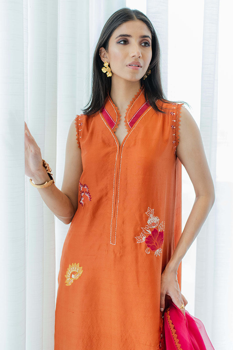 Pakistani Tangerine Embroidered Pure Raw Silk Salwar Kameez (3-Piece) - Image 5