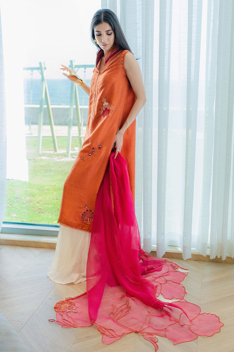 Pakistani Tangerine Embroidered Pure Raw Silk Salwar Kameez (3-Piece) - Image 9