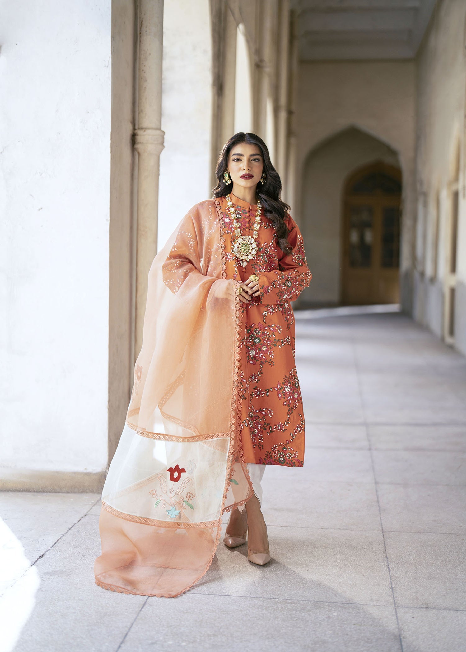 Pakistani Rust Orange Block Printed Raw Silk Kurta Set (3-Piece) - Image 1