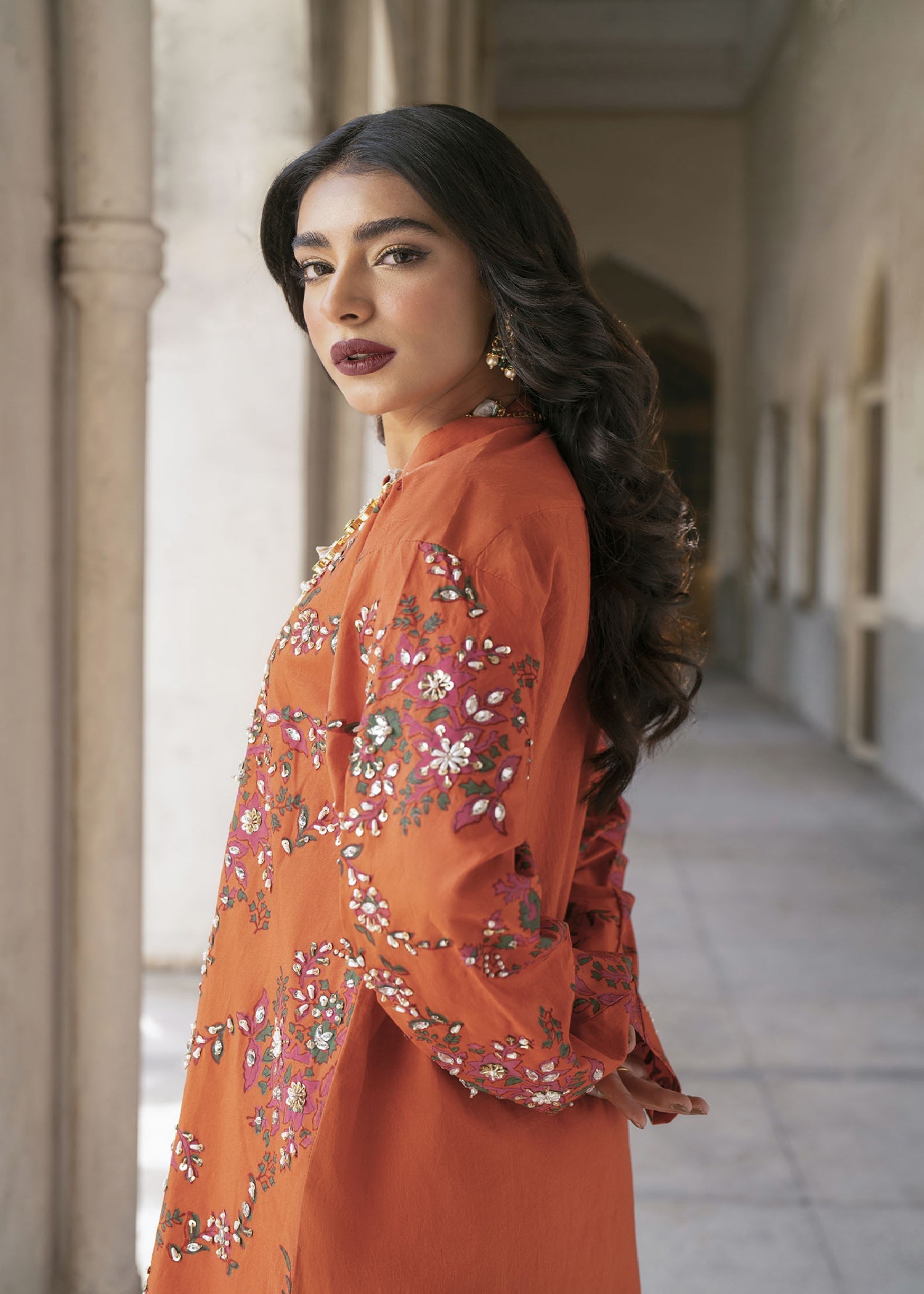 Pakistani Rust Orange Block Printed Raw Silk Kurta Set (3-Piece) - Image 2