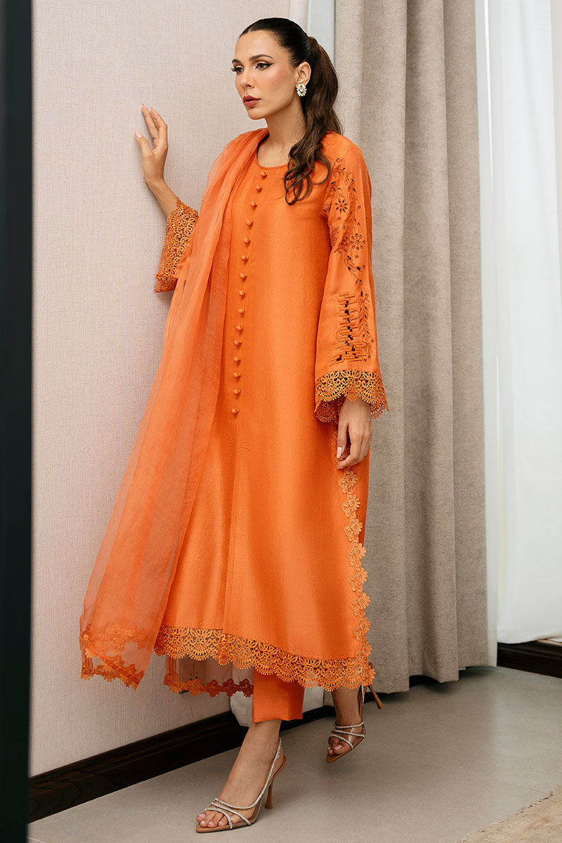 Tangerine Cutwork Pure Raw Silk Salwar Kameez (3-Piece) - Image 1