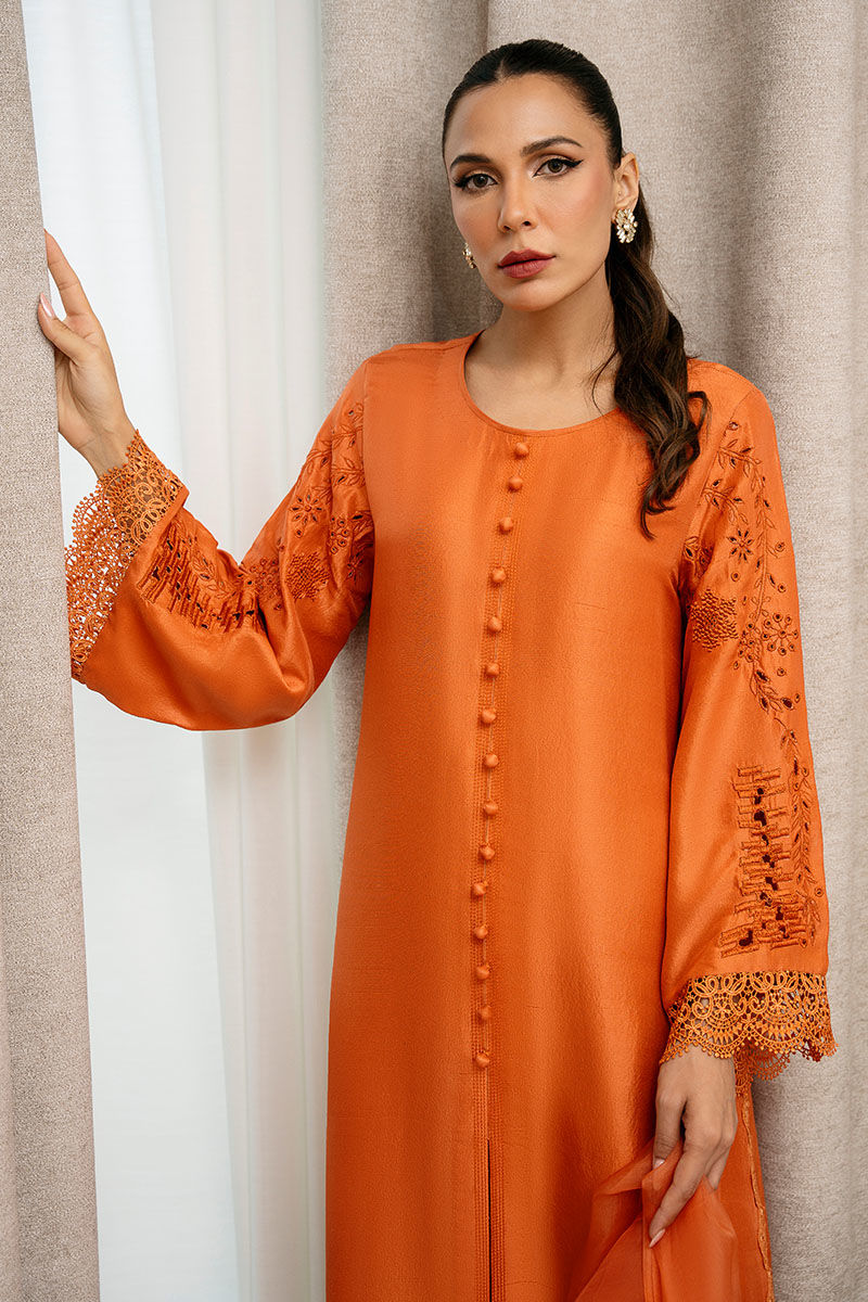 Tangerine Cutwork Pure Raw Silk Salwar Kameez (3-Piece) - Image 3