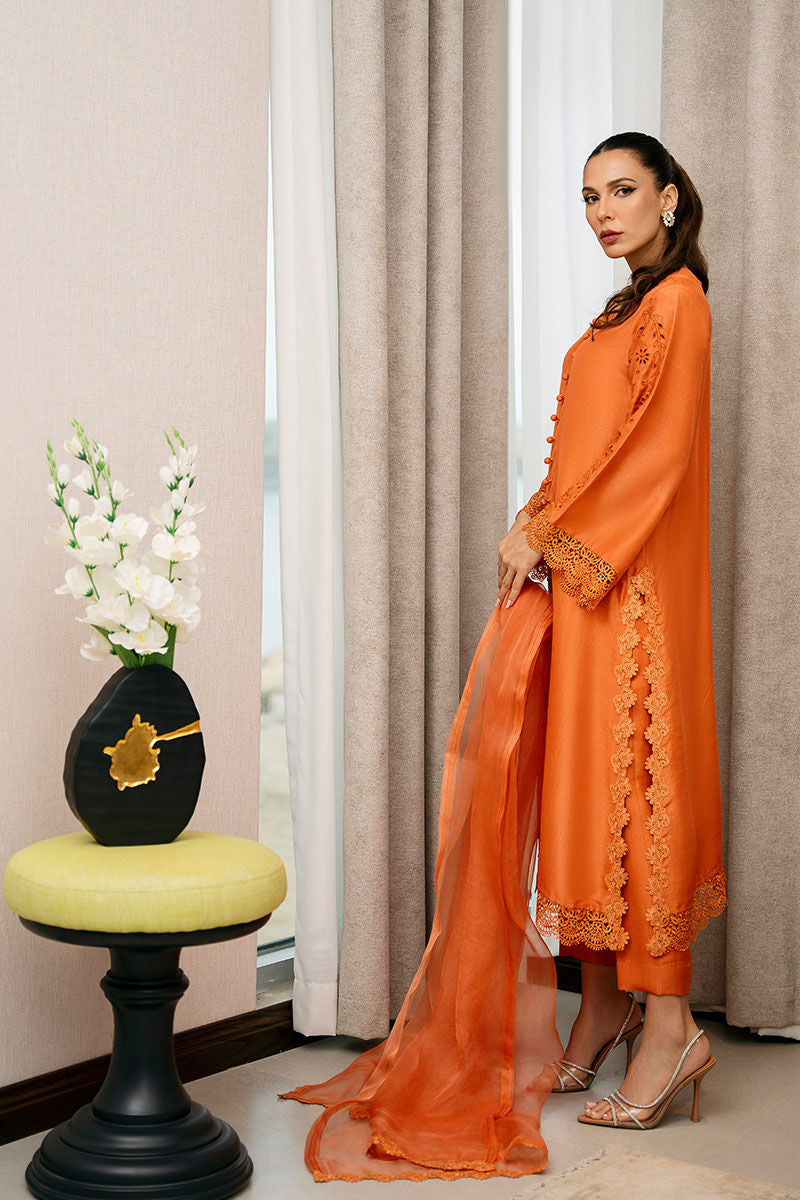 Tangerine Cutwork Pure Raw Silk Salwar Kameez (3-Piece) - Image 5