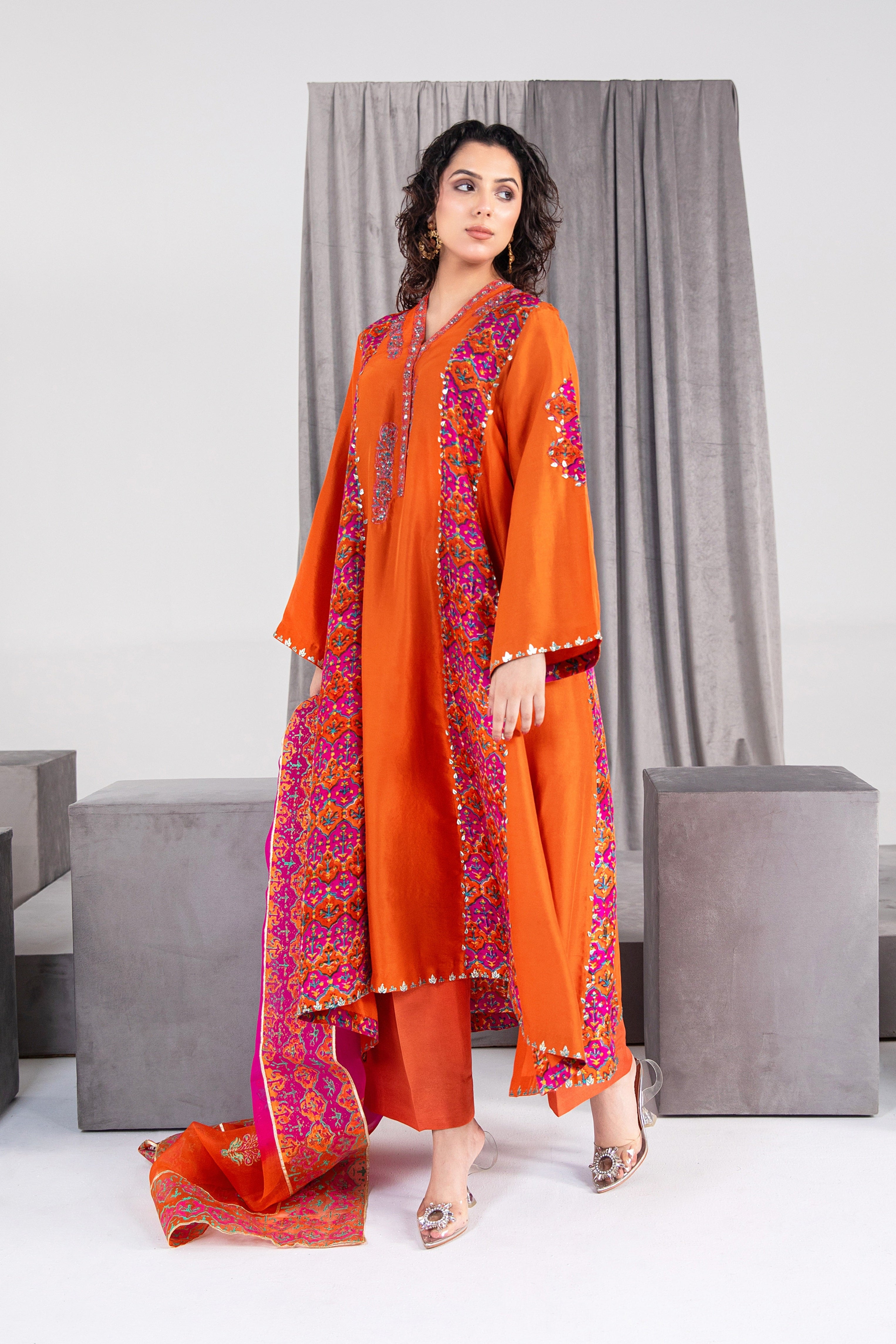 Orangeade Printed Raw Silk Salwar Kameez (3-Piece) - Image 1