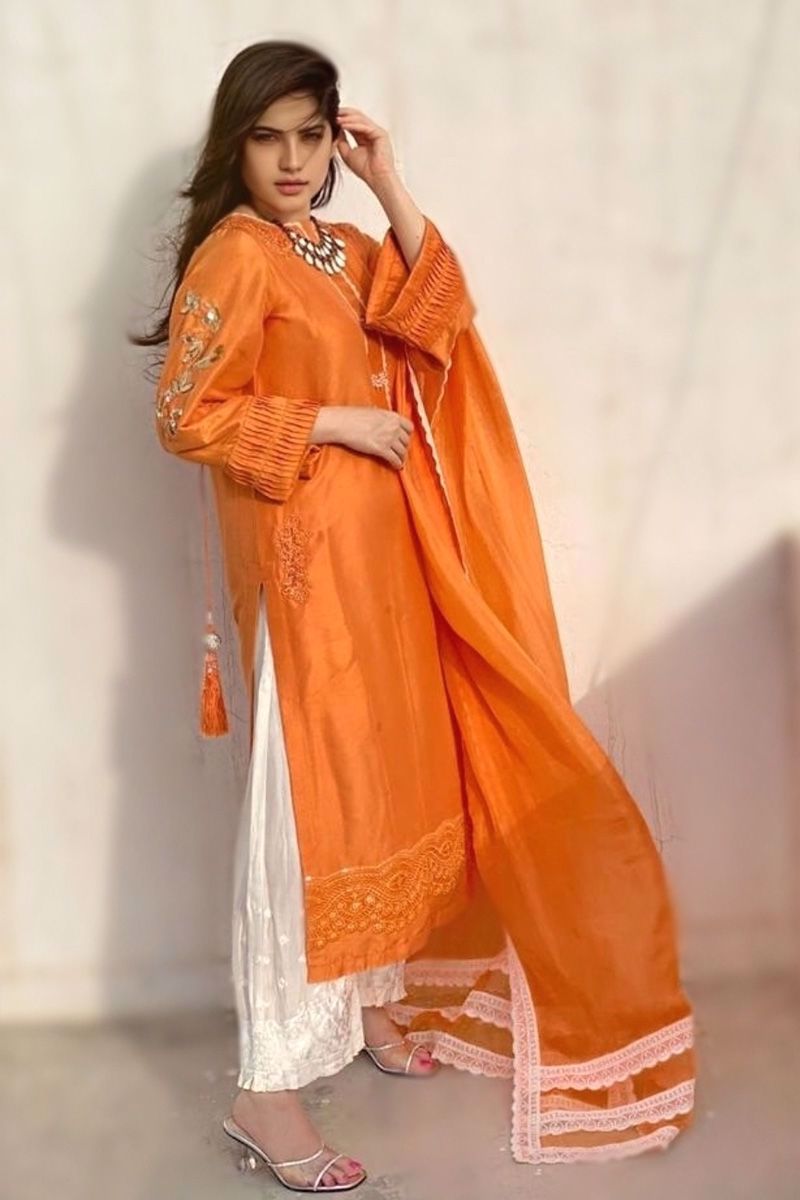 Sun-Kissed Orange Embroidered Raw Silk Salwar Kameez (3-Piece) - Image 2
