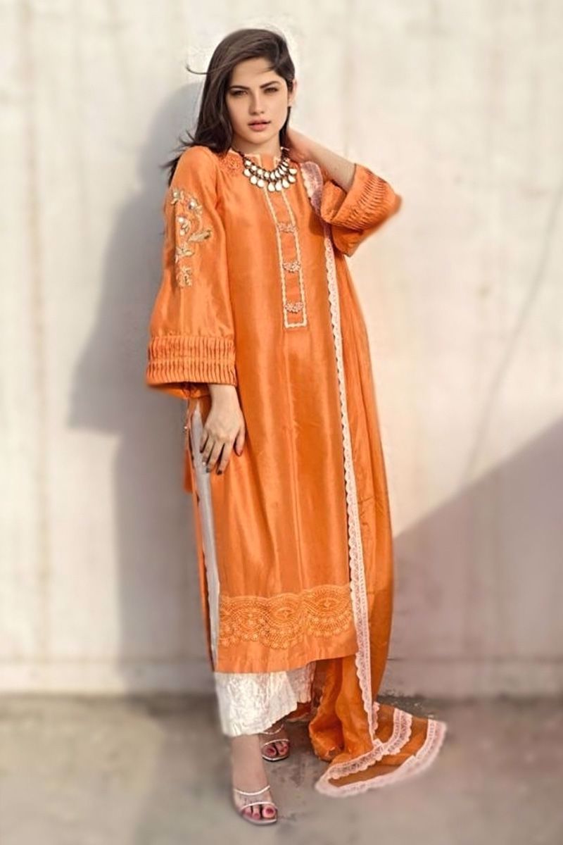 Sun-Kissed Orange Embroidered Raw Silk Salwar Kameez (3-Piece) - Image 3