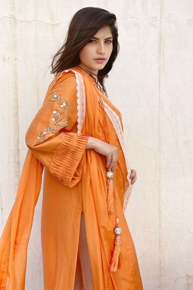 Sun-Kissed Orange Embroidered Raw Silk Salwar Kameez (3-Piece) - Image 4