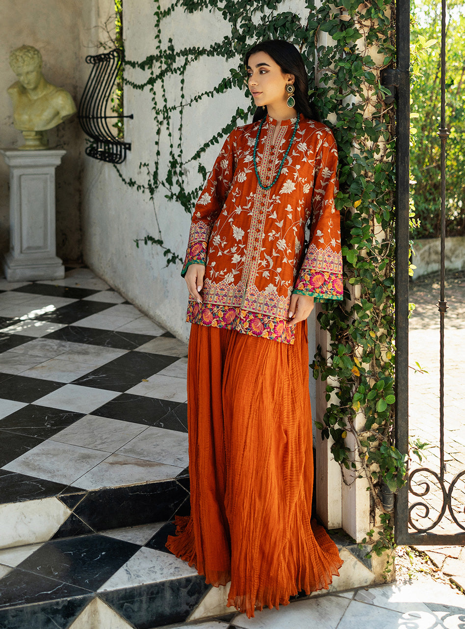 Orange Kashmiri Embroidered Raw Silk Salwar Kameez (2-Piece) - Image 1