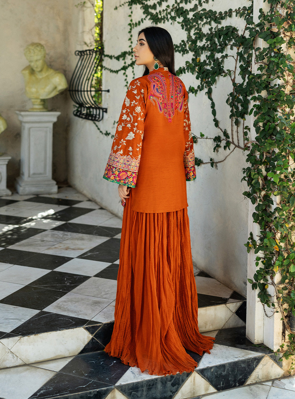 Orange Kashmiri Embroidered Raw Silk Salwar Kameez (2-Piece) - Image 4