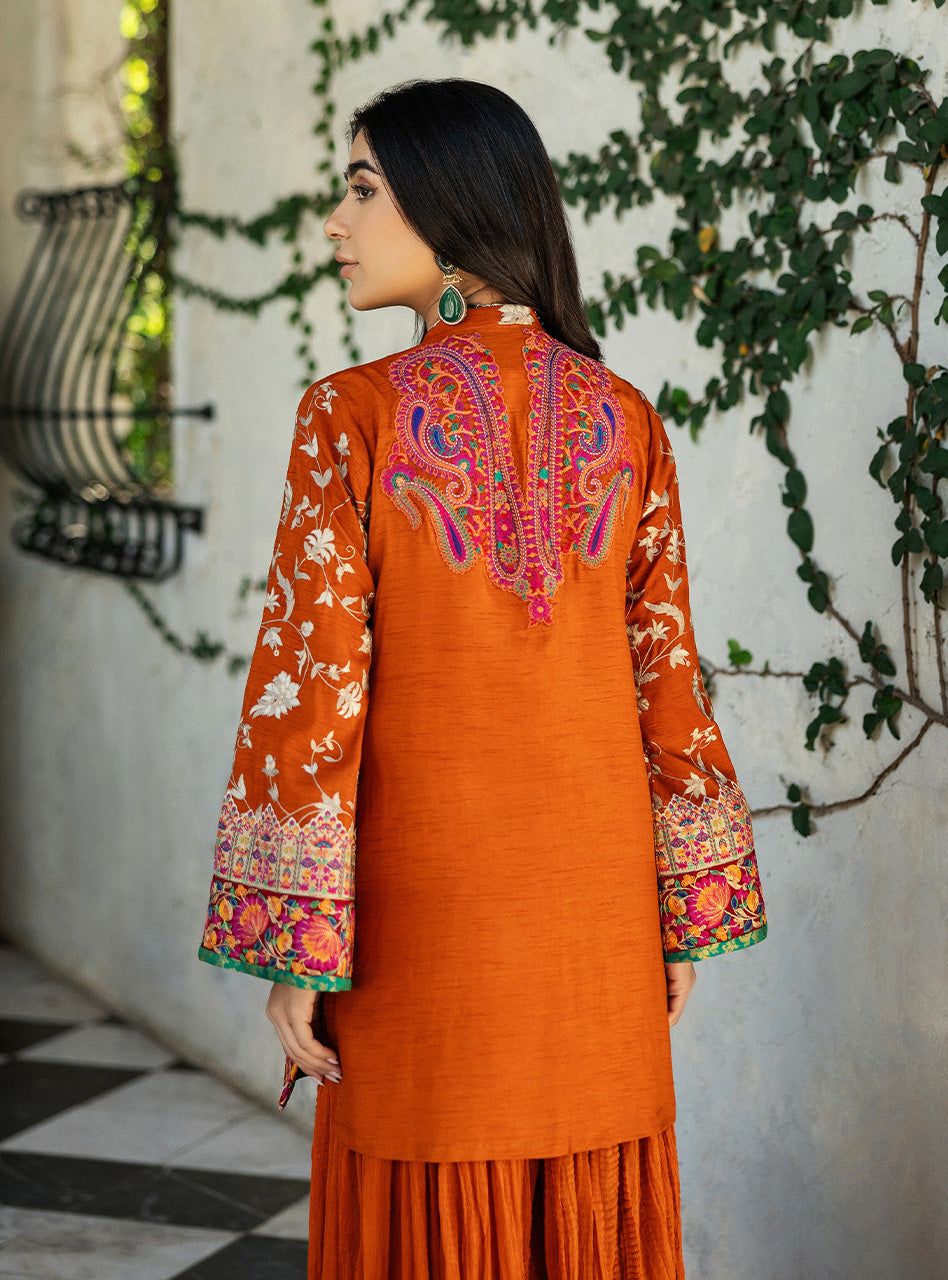 Orange Kashmiri Embroidered Raw Silk Salwar Kameez (2-Piece) - Image 6