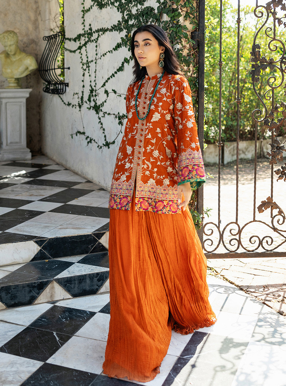 Pakistani Orange Kashmiri Embroidered Raw Silk Shirt (2-Piece) - Image 4
