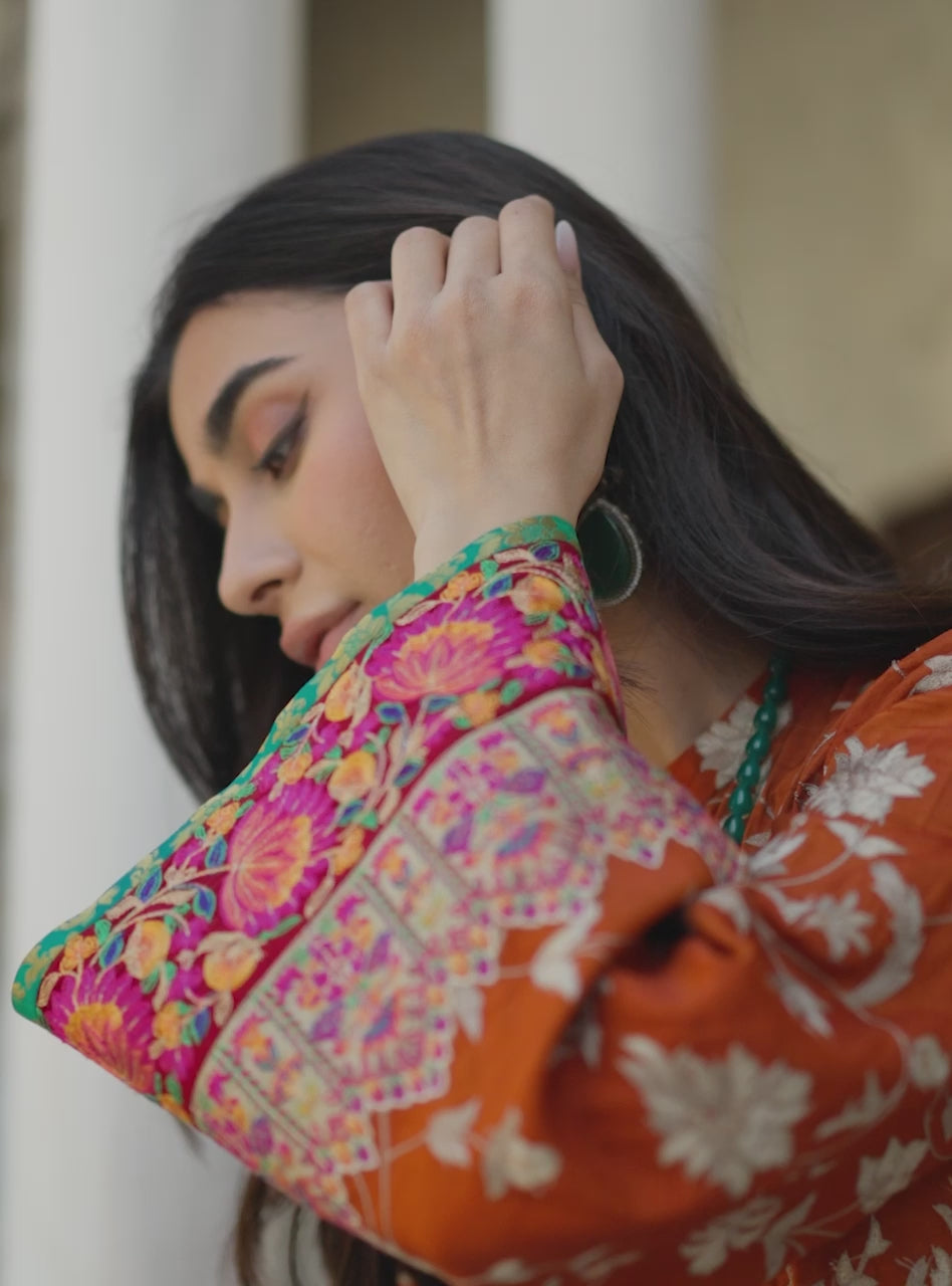 Pakistani Orange Kashmiri Embroidered Raw Silk Shirt (2-Piece) - Image 8