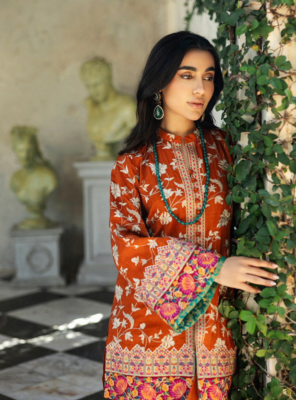 Pakistani Orange Kashmiri Embroidered Raw Silk Shirt & Plazo (2-Piece) - Image 2