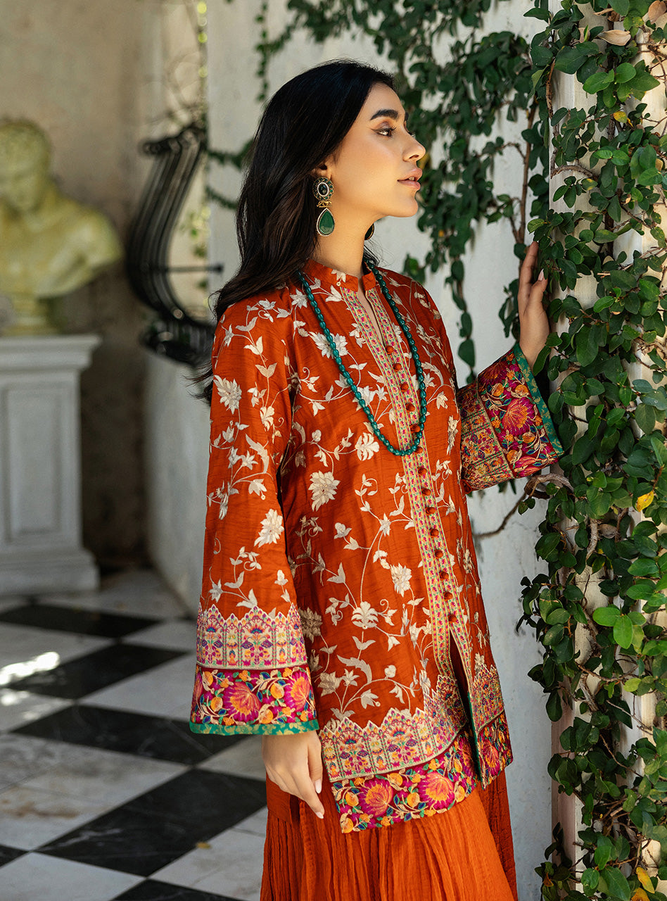 Pakistani Orange Kashmiri Embroidered Raw Silk Shirt & Plazo (2-Piece) - Image 6