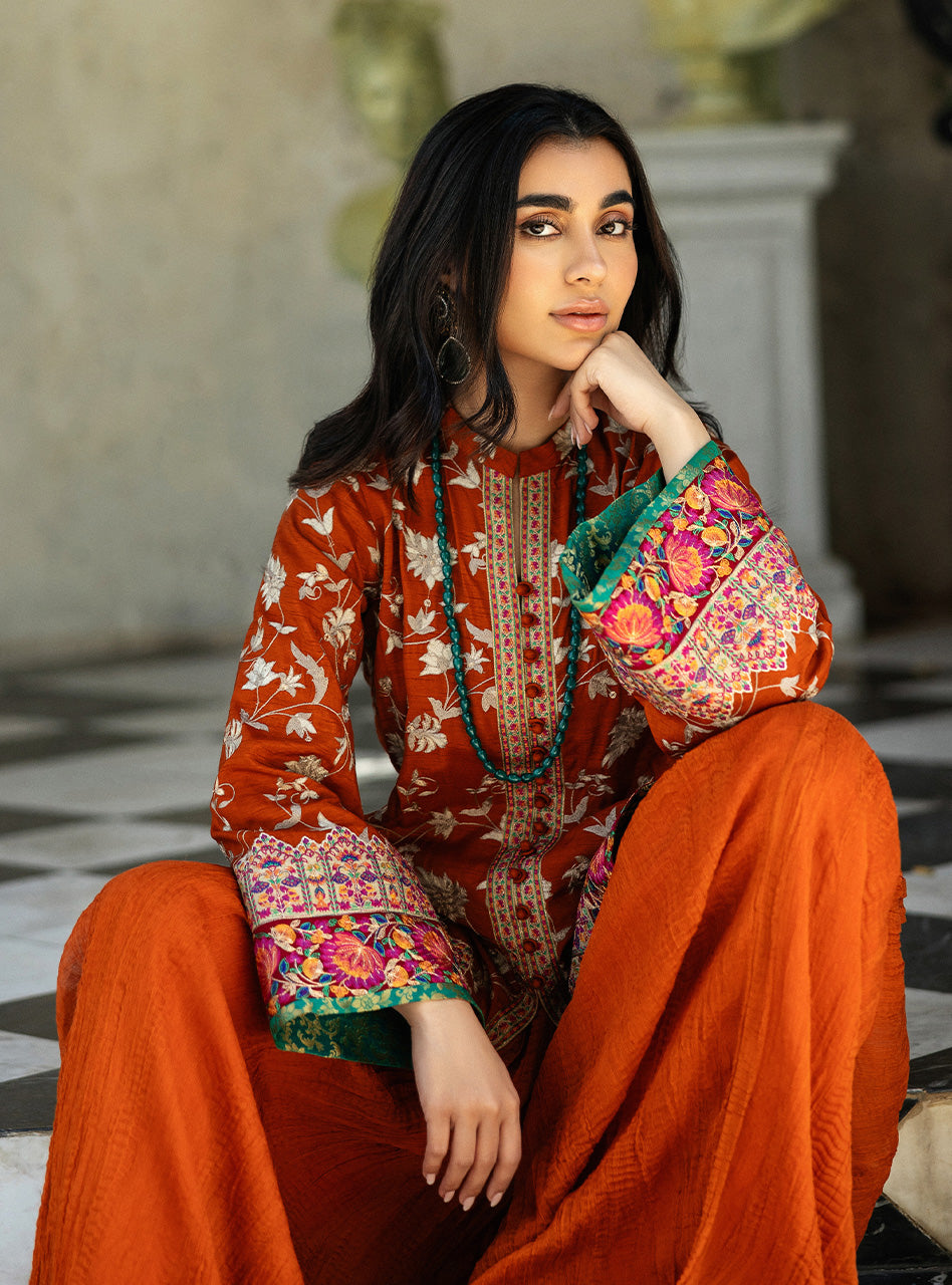 Pakistani Orange Kashmiri Embroidered Raw Silk Shirt & Plazo (2-Piece) - Image 7