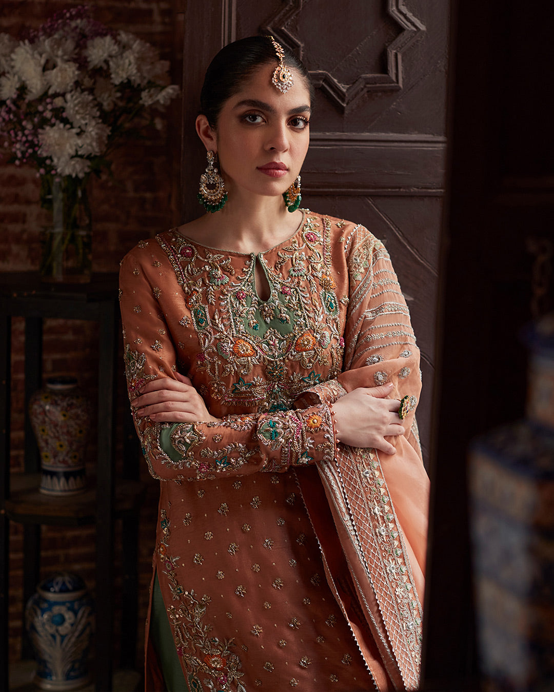 Rust Orange & Green Embellished Silk Salwar Kameez (3-Piece) - Image 2