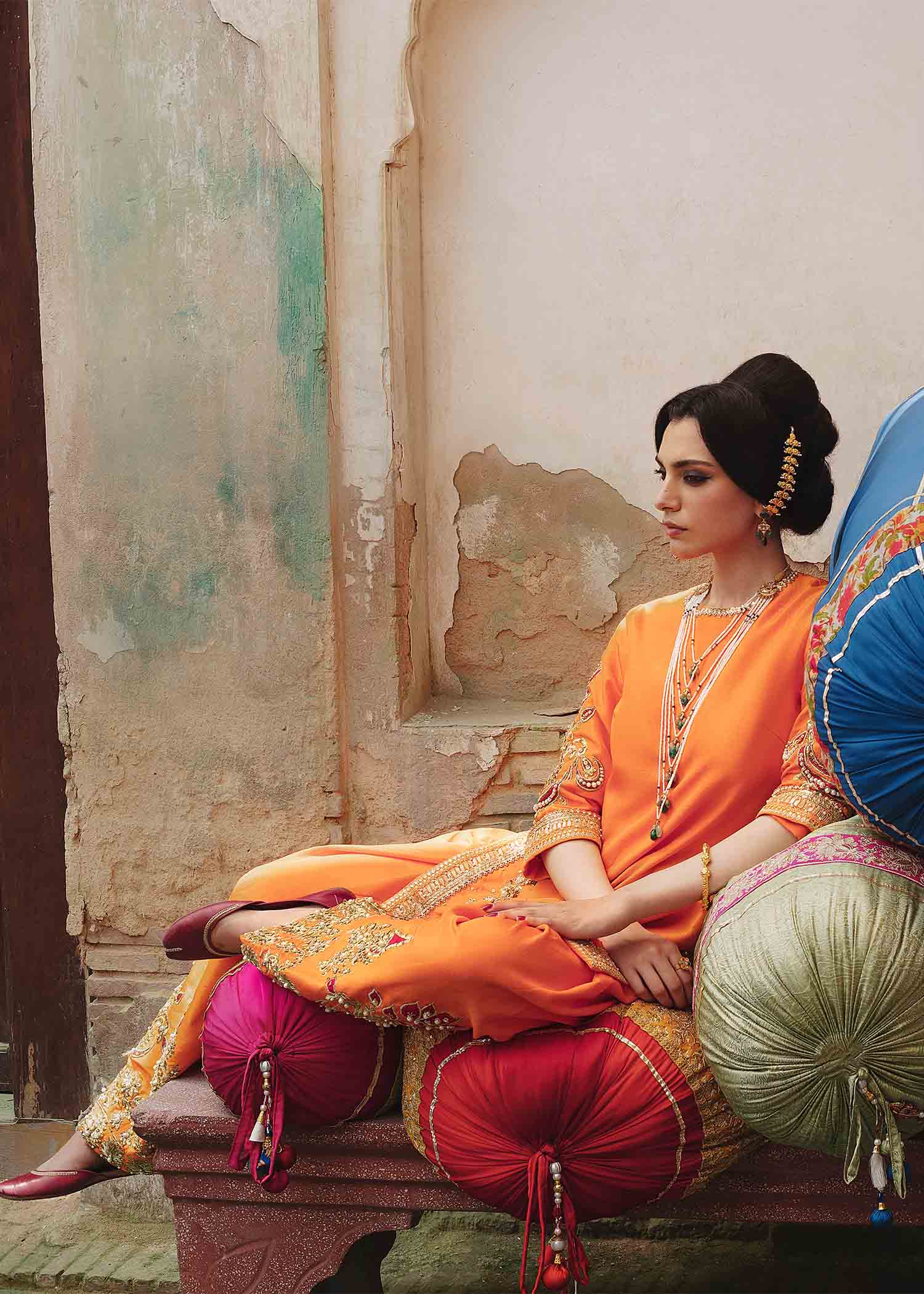 Pakistani Tangerine Embroidered Raw Silk Salwar Kameez (3-Piece) - Image 3