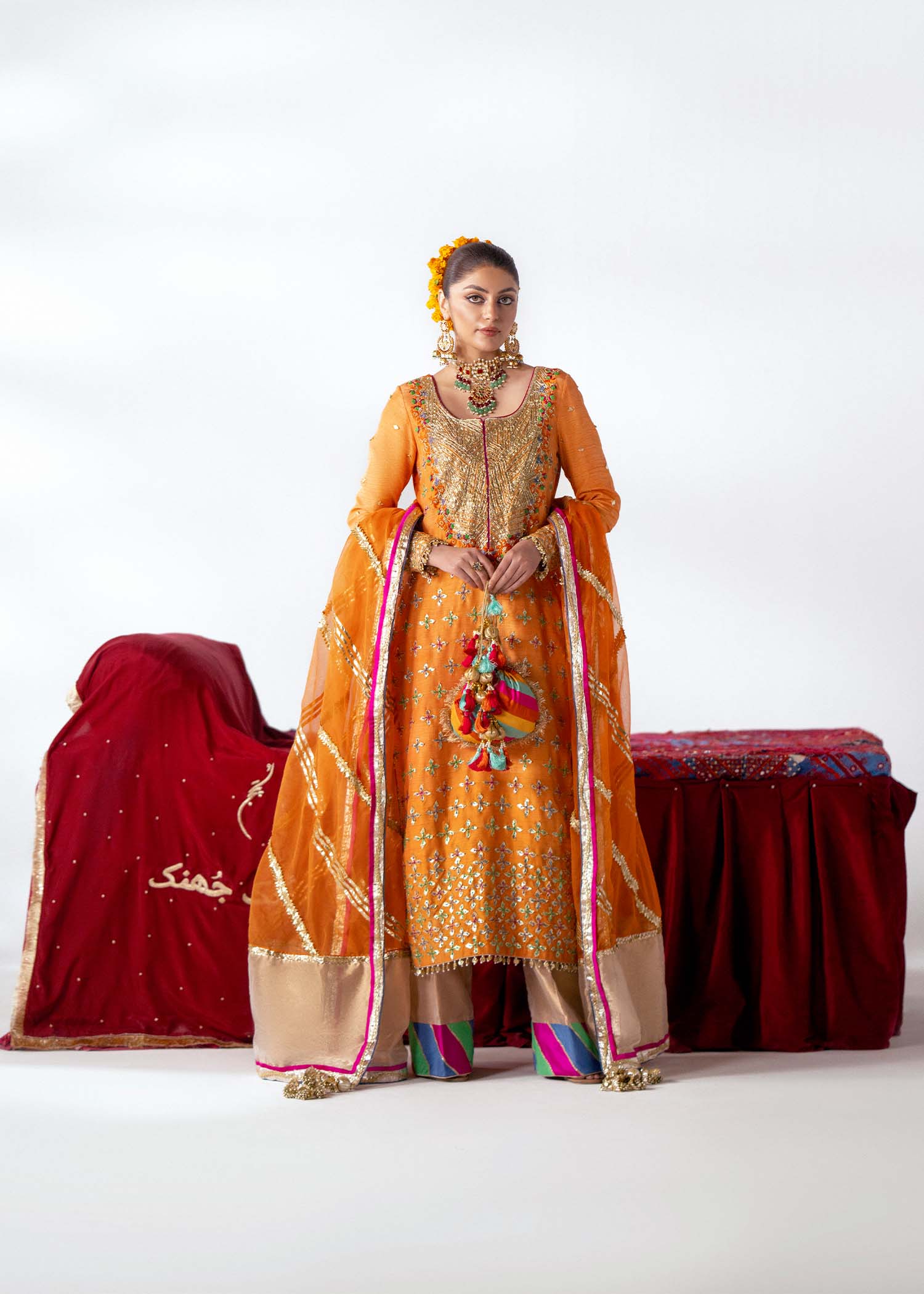 Pakistani Tangerine Sucha Work Blended Raw Silk Salwar Kameez (3-Piece) - Image 1