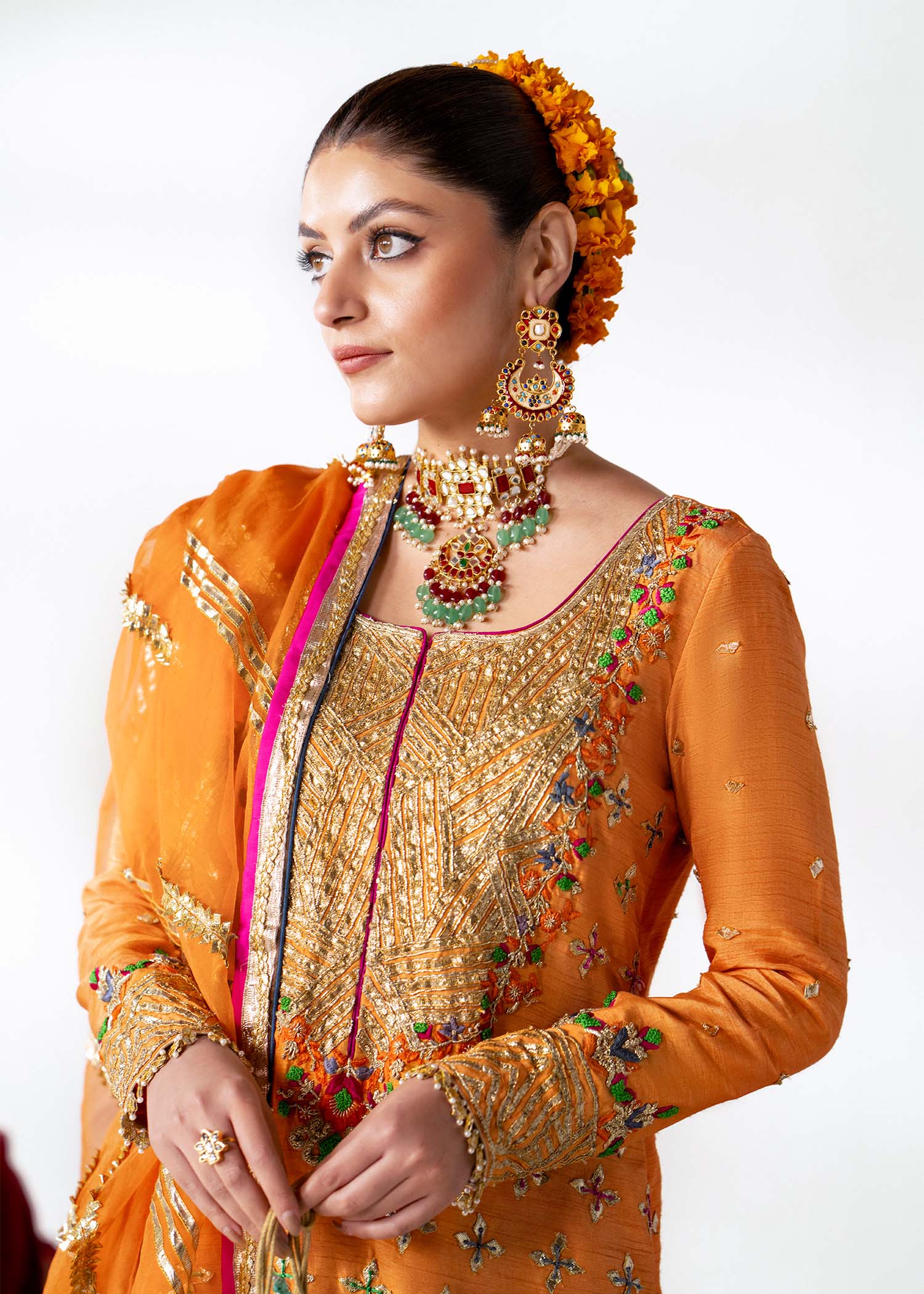 Pakistani Tangerine Sucha Work Blended Raw Silk Salwar Kameez (3-Piece) - Image 2