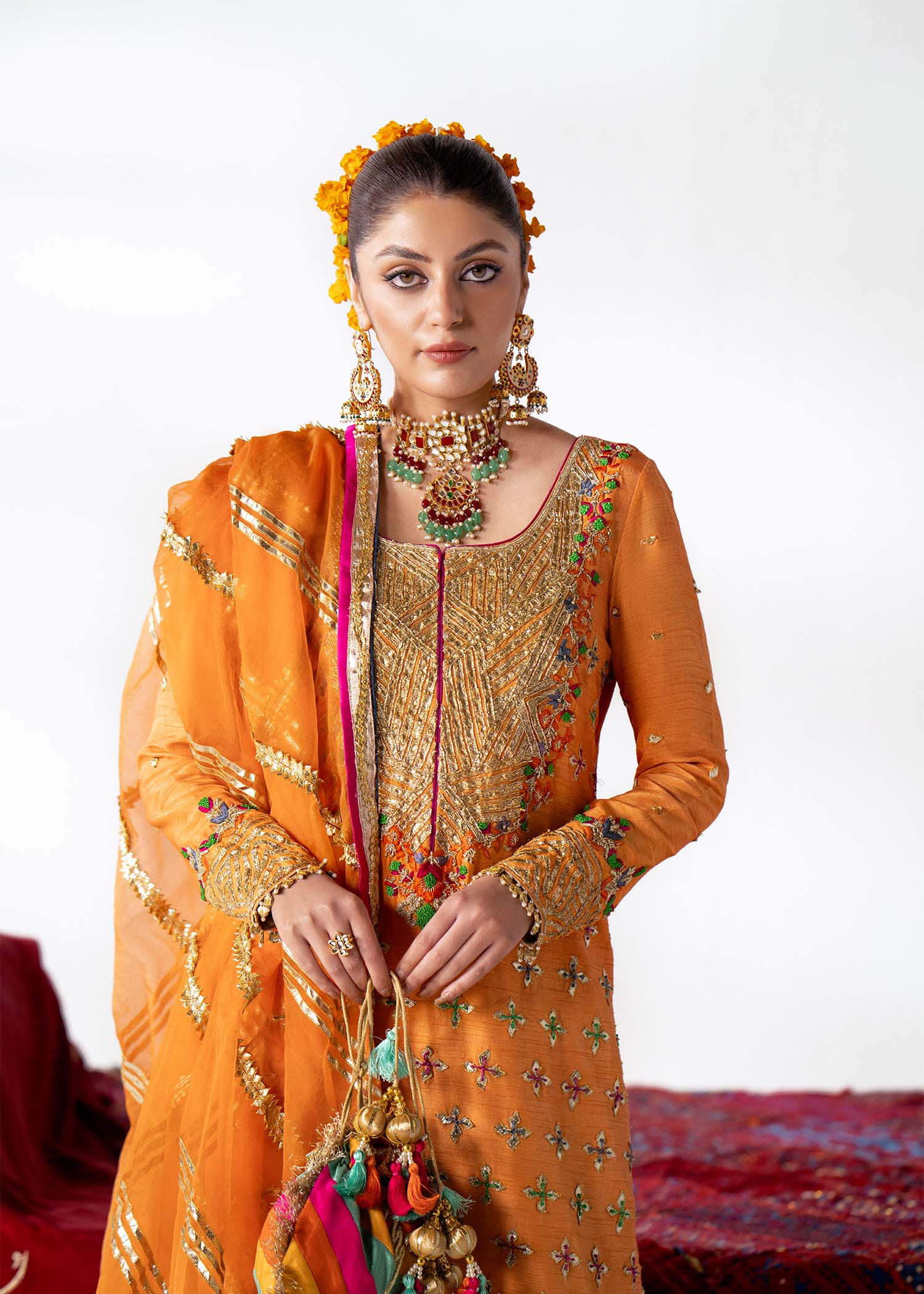 Pakistani Tangerine Sucha Work Blended Raw Silk Salwar Kameez (3-Piece) - Image 3
