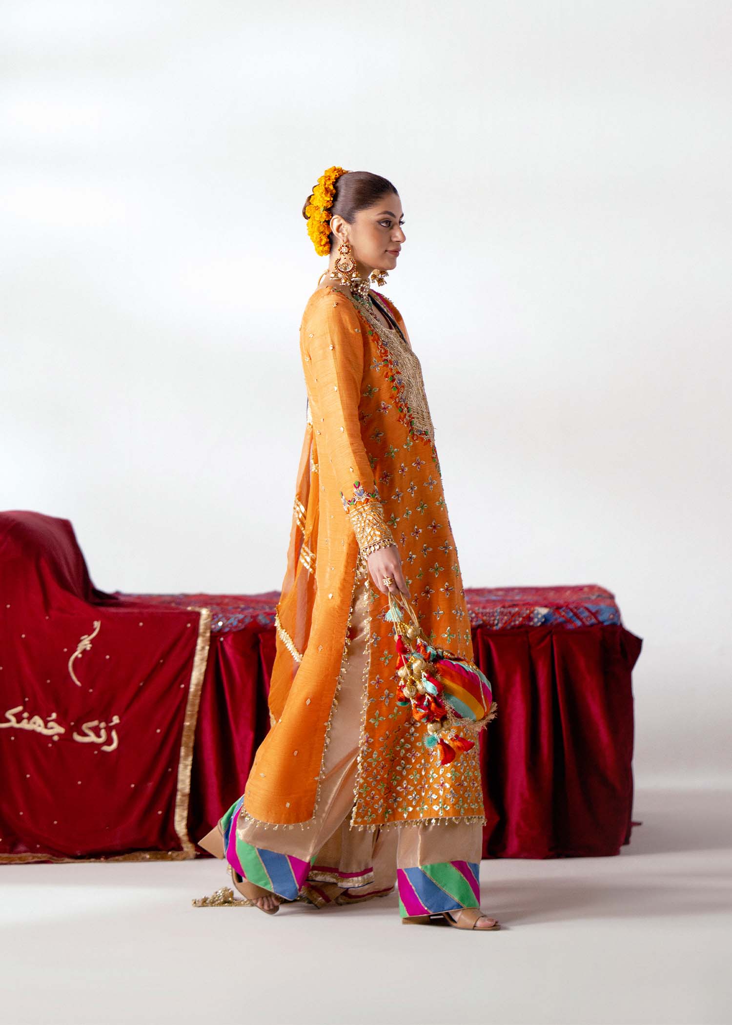 Pakistani Tangerine Sucha Work Blended Raw Silk Salwar Kameez (3-Piece) - Image 4