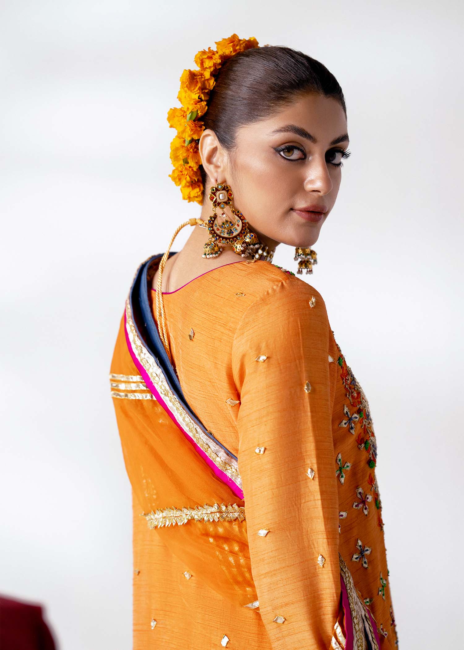 Pakistani Tangerine Sucha Work Blended Raw Silk Salwar Kameez (3-Piece) - Image 5