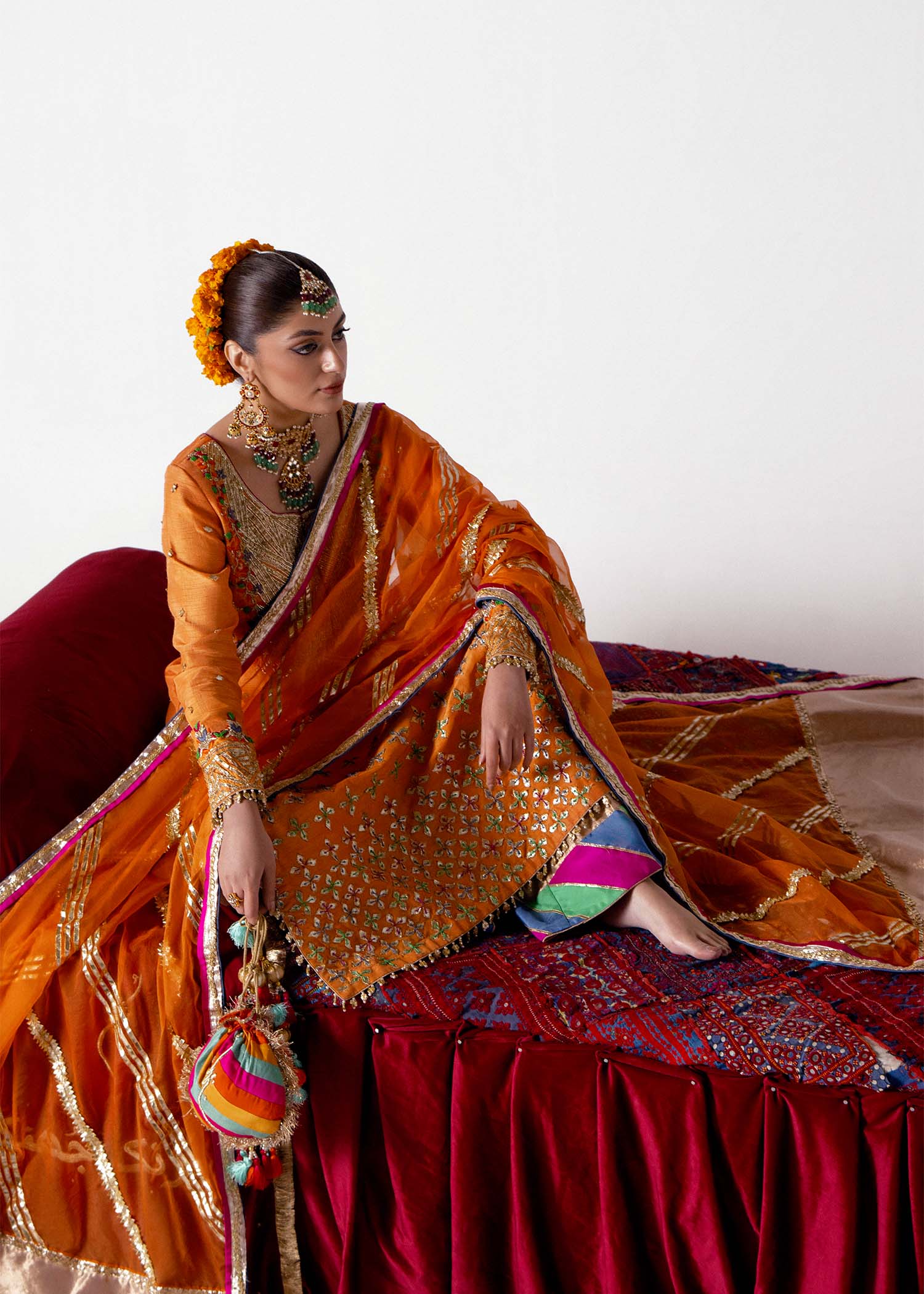 Pakistani Tangerine Sucha Work Blended Raw Silk Salwar Kameez (3-Piece) - Image 6