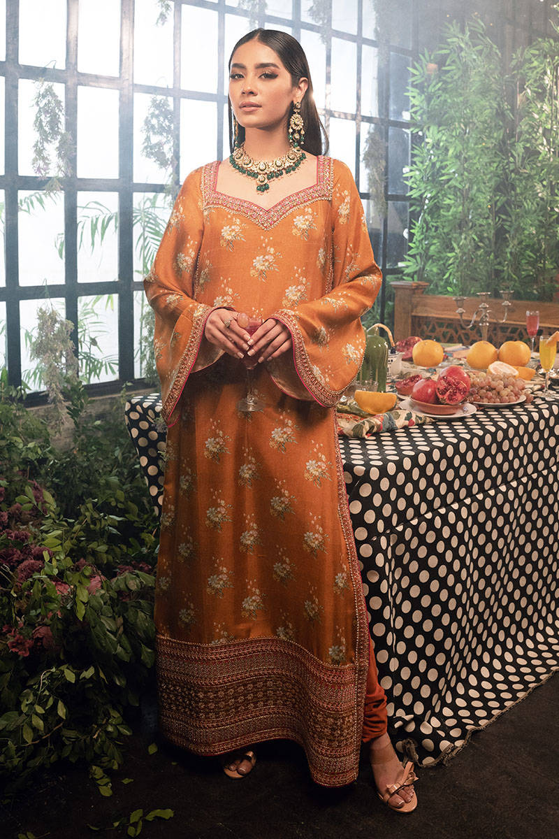 Rust Printed Raw Silk Salwar Kameez (3-Piece) - Image 1