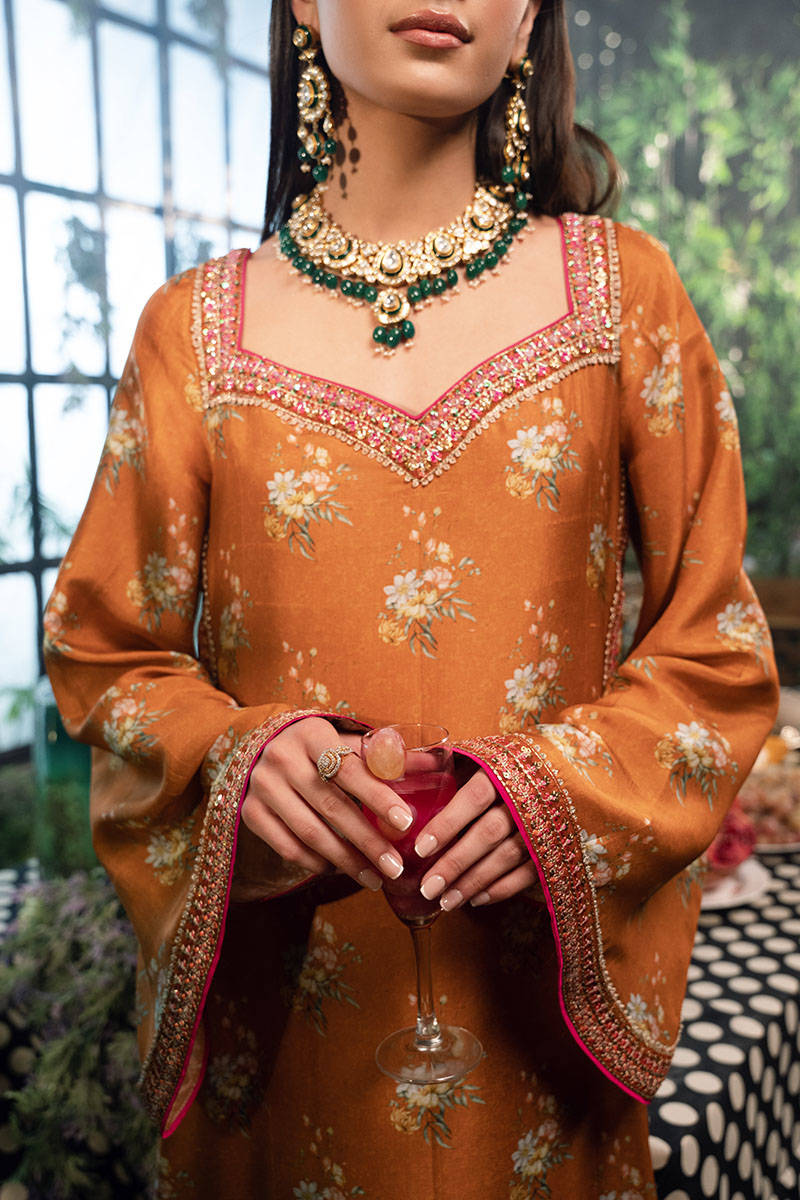 Rust Printed Raw Silk Salwar Kameez (3-Piece) - Image 2