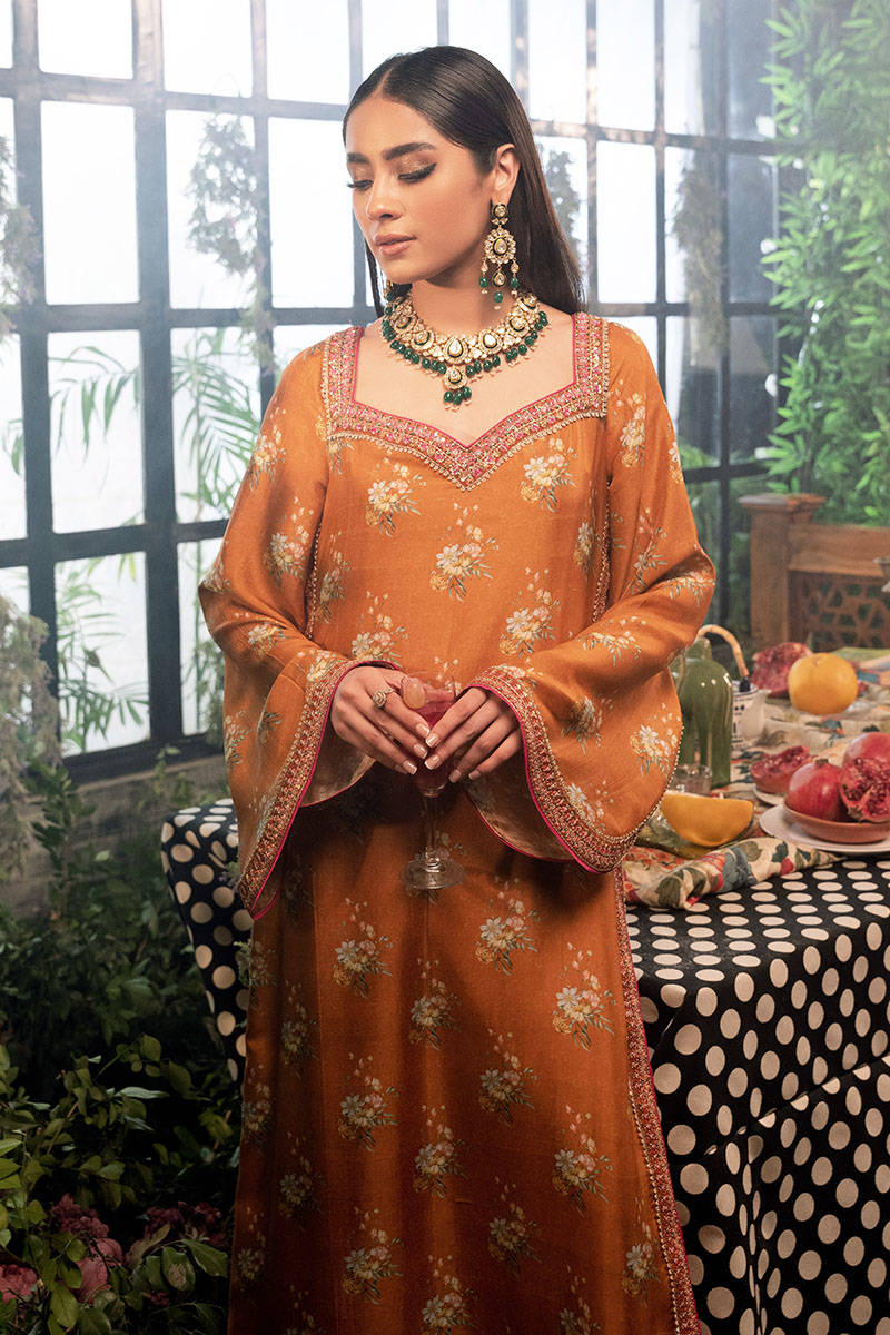 Rust Printed Raw Silk Salwar Kameez (3-Piece) - Image 4