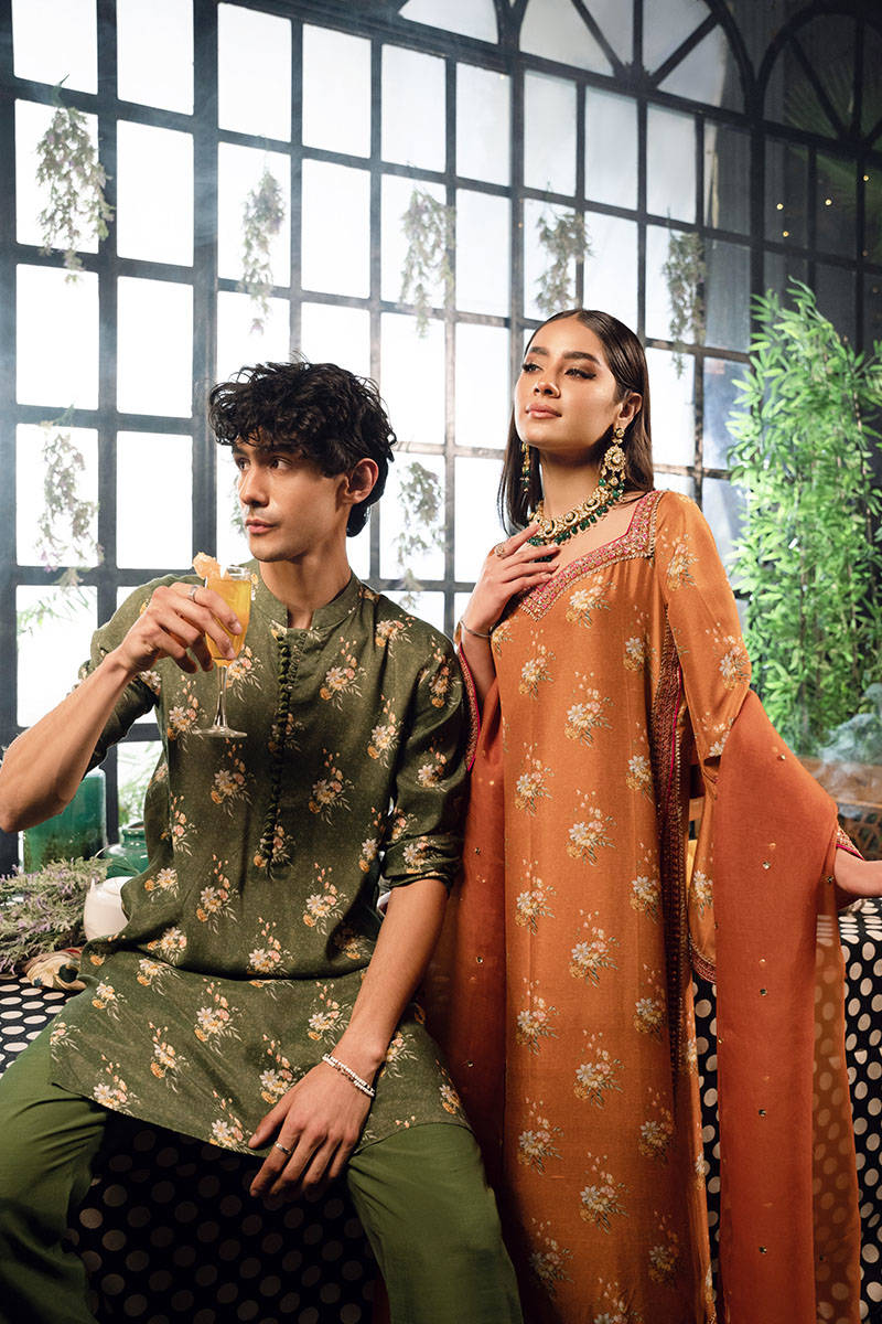 Rust Printed Raw Silk Salwar Kameez (3-Piece) - Image 5