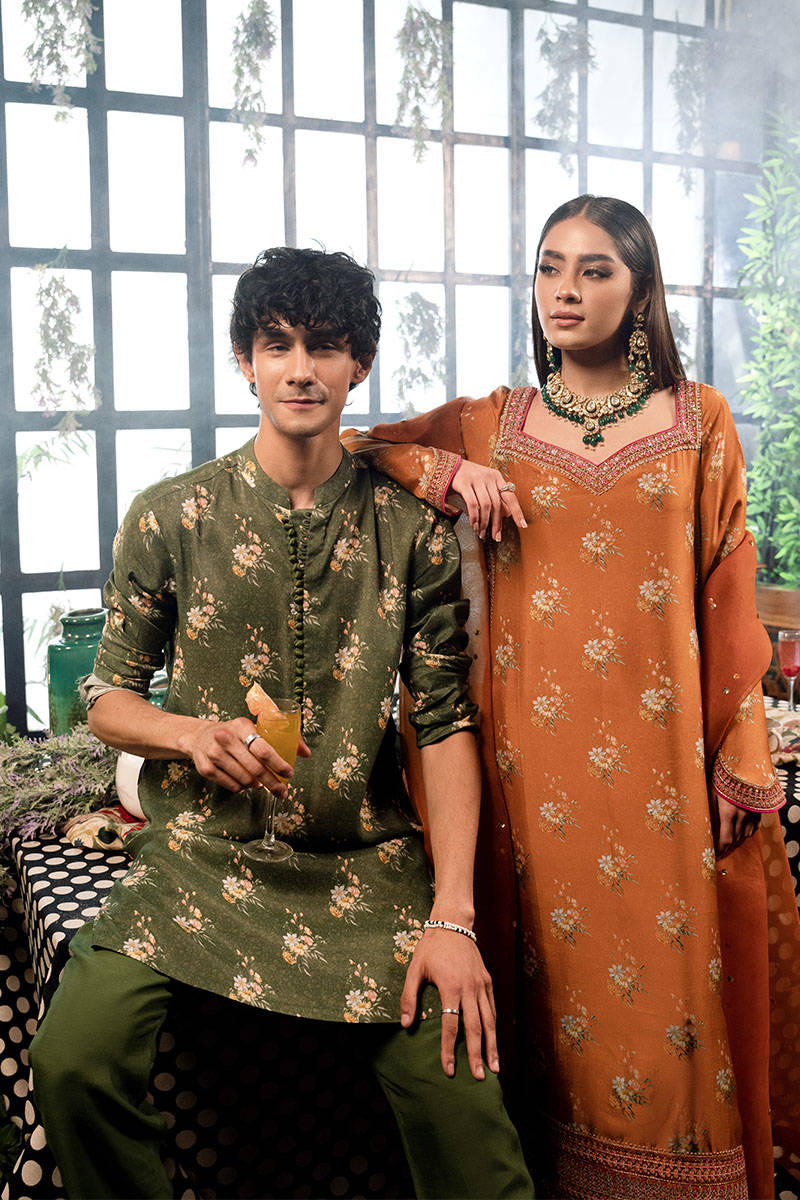 Rust Printed Raw Silk Salwar Kameez (3-Piece) - Image 7