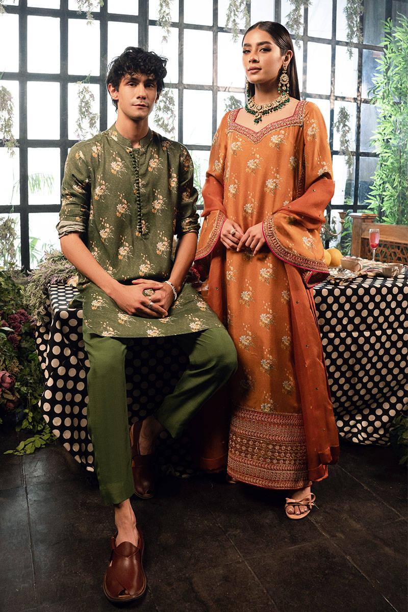 Rust Printed Raw Silk Salwar Kameez (3-Piece) - Image 8