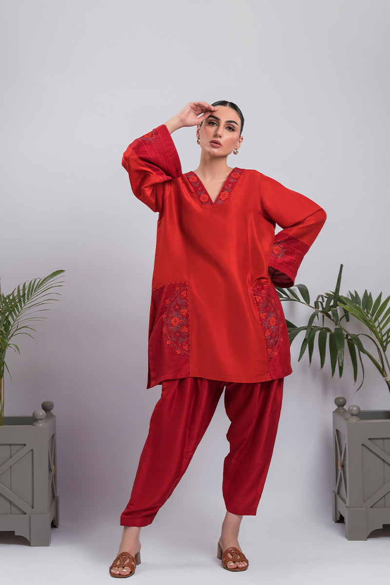 Pakistani Tangerine & Maroon Embroidered Silk Salwar Kameez (2-Piece) - Image 3