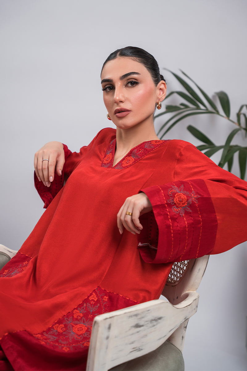 Pakistani Tangerine & Maroon Embroidered Silk Salwar Kameez (2-Piece) - Image 8