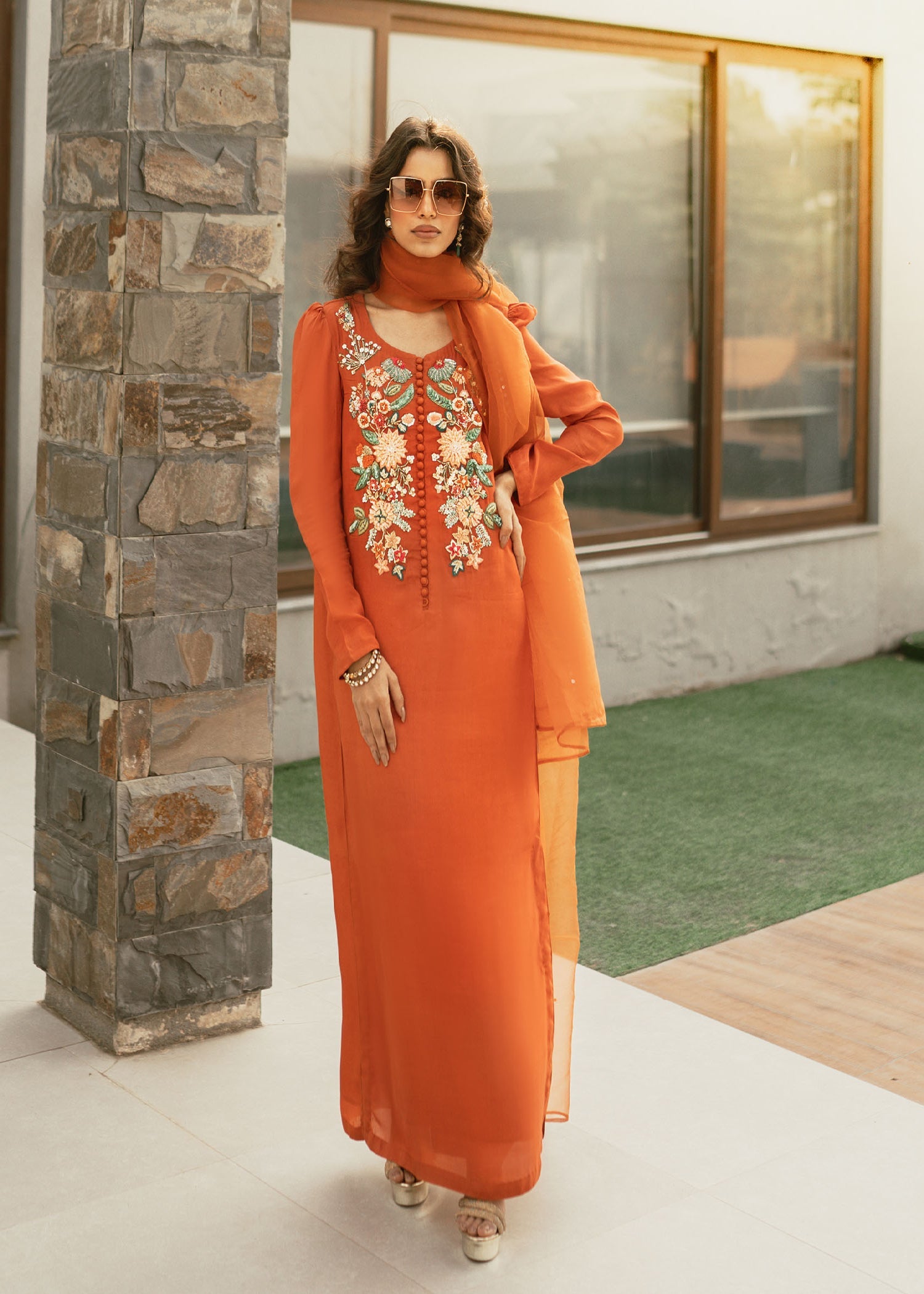 Pakistani Rust Orange Hand-Embellished Raw Silk Kurta Set (3-Piece) - Image 1