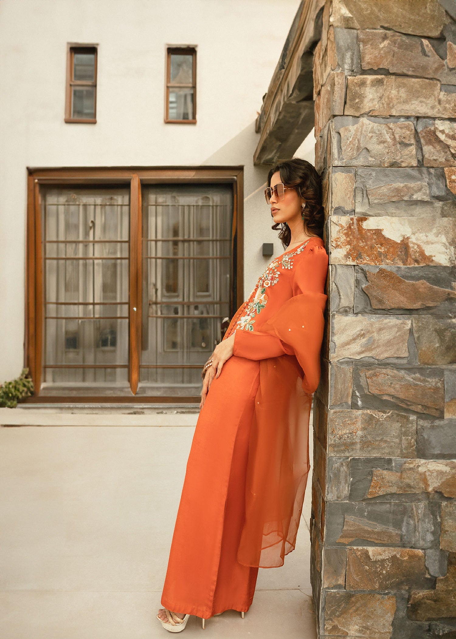 Pakistani Rust Orange Hand-Embellished Raw Silk Kurta Set (3-Piece) - Image 2