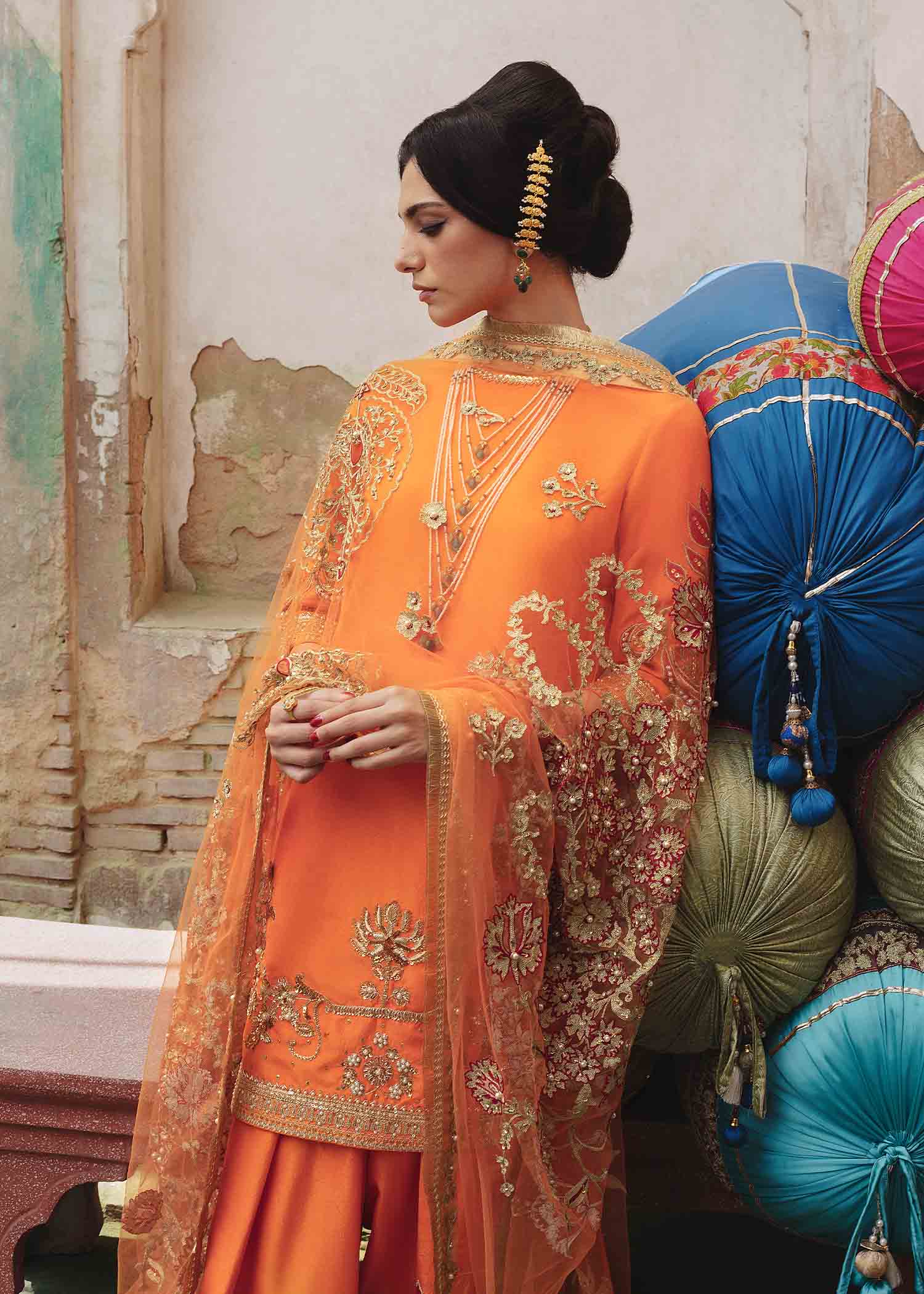 Pakistani Tangerine Embroidered Raw Silk Salwar Kameez (3-Piece) - Image 5