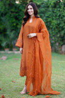 Tangerine Embroidered Raw Silk Kurta Set (3-Piece) - Image 4
