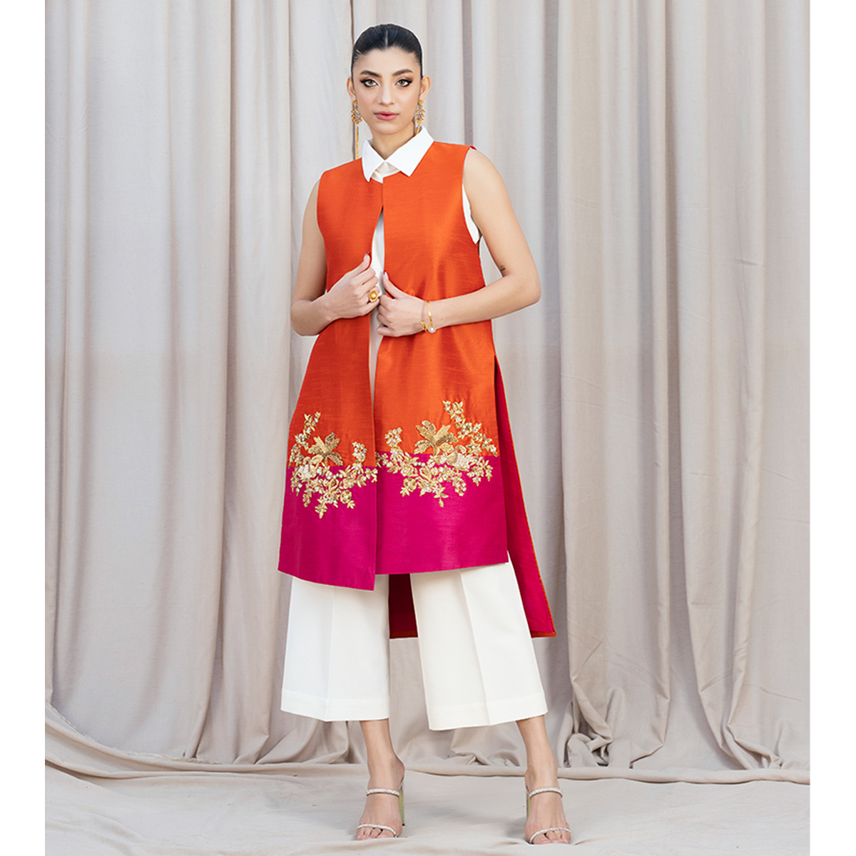 Pakistani Tangerine & Hot Pink Zardozi Raw Silk Jacket (4-Piece) - Image 1